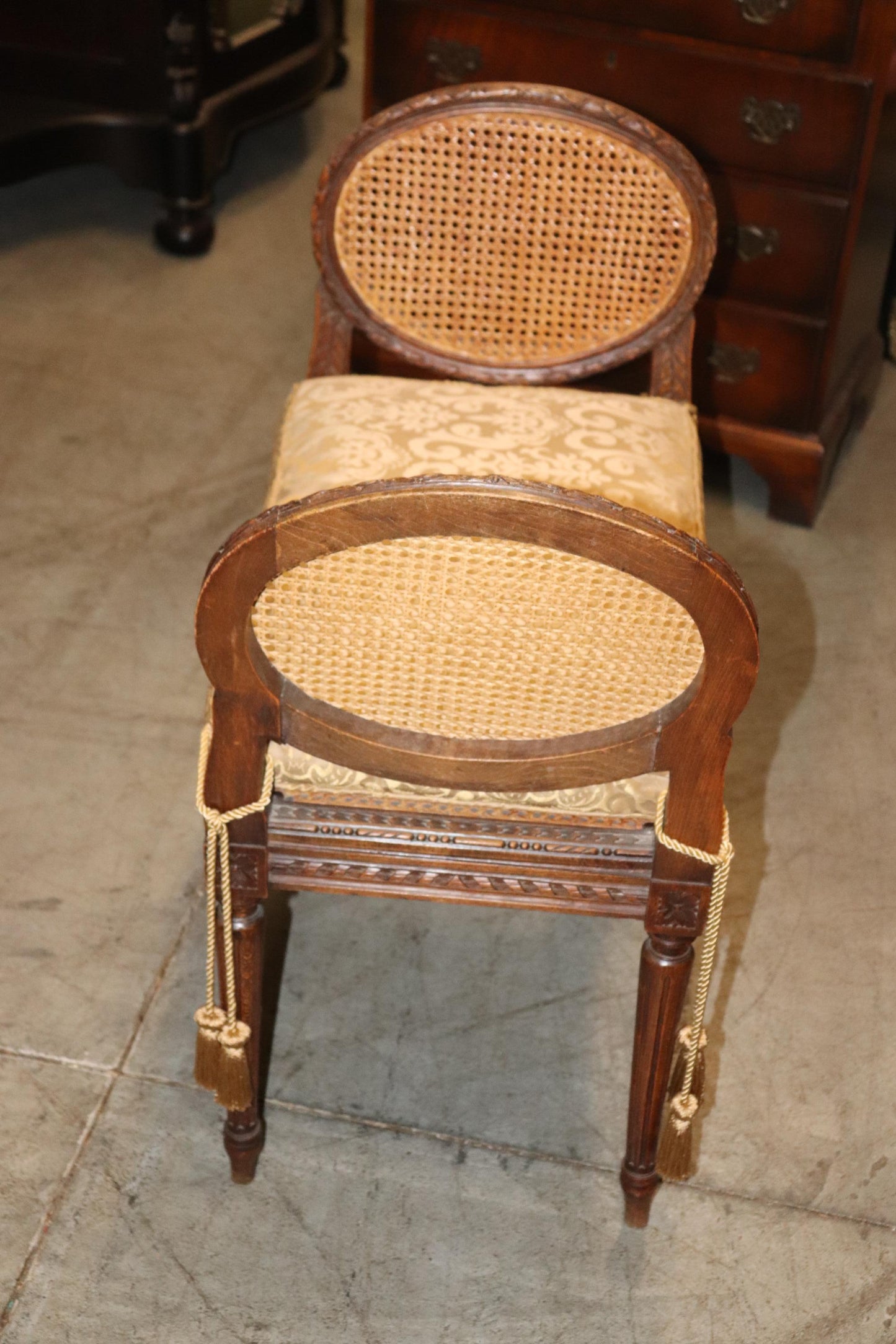 French Louis XVI Style Carved Walnut Petite Window Bench with Silk