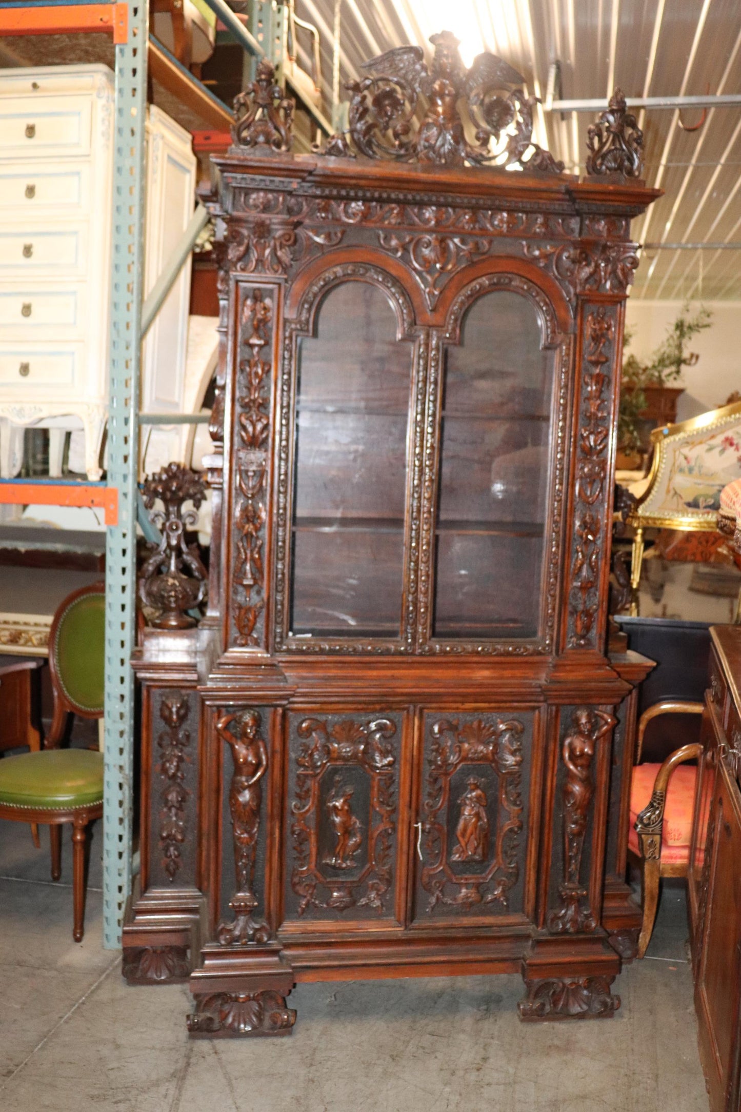 Fine Quality Carved Walnut Renaissance Italian Figural Bookcase Vitrine