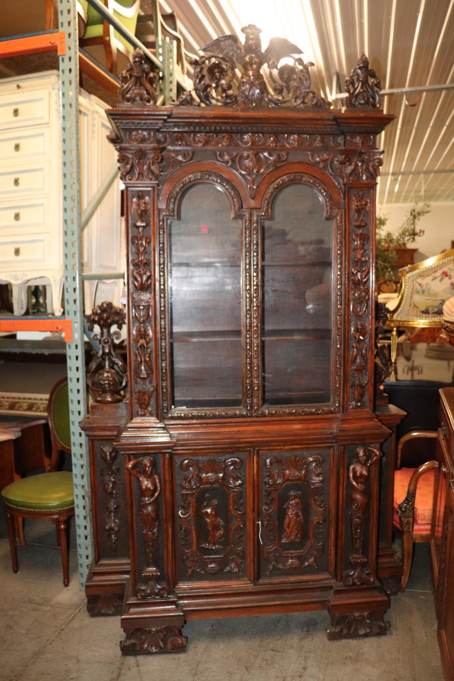 Fine Quality Carved Walnut Renaissance Italian Figural Bookcase Vitrine