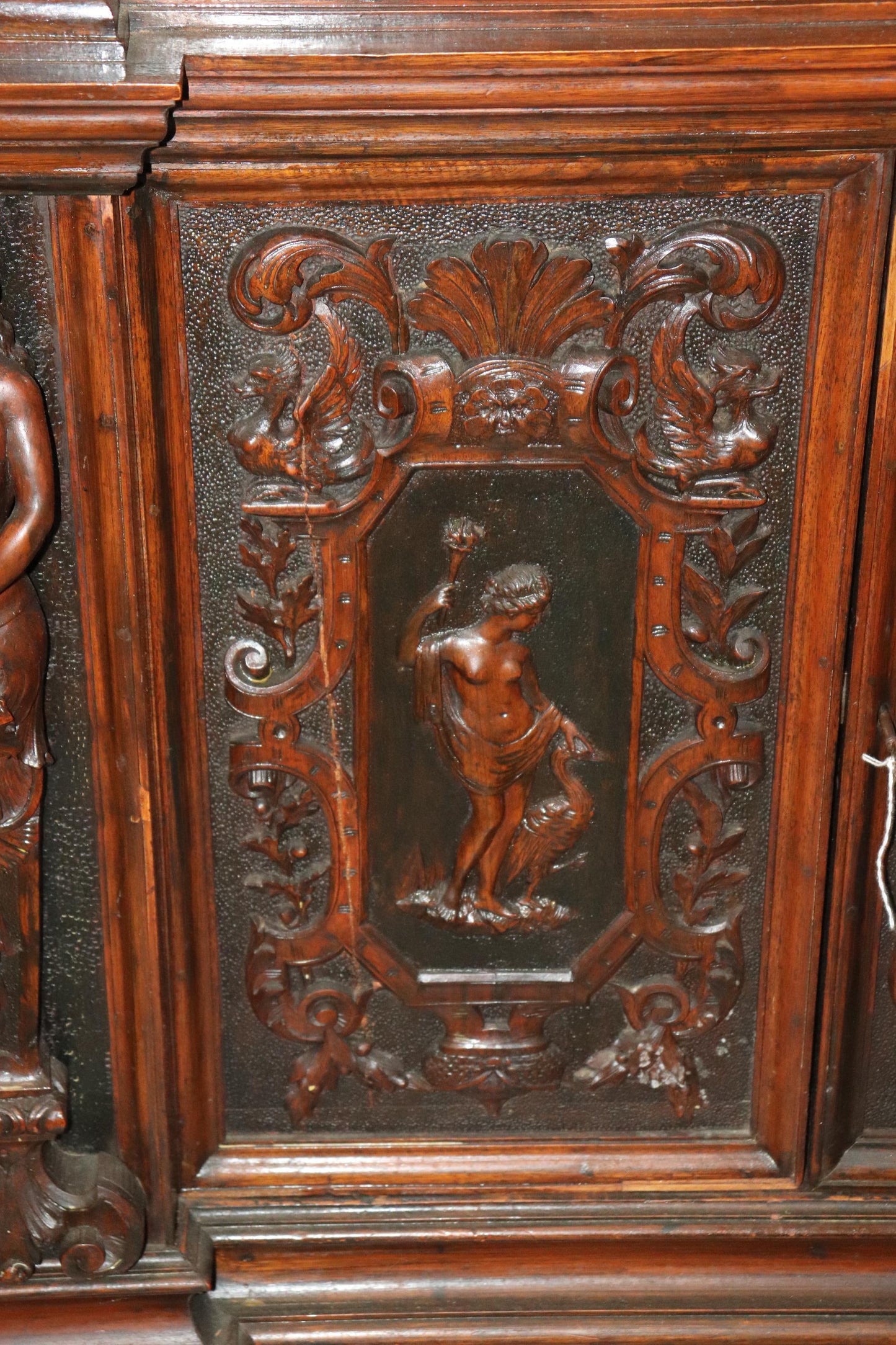 Fine Quality Carved Walnut Renaissance Italian Figural Bookcase Vitrine