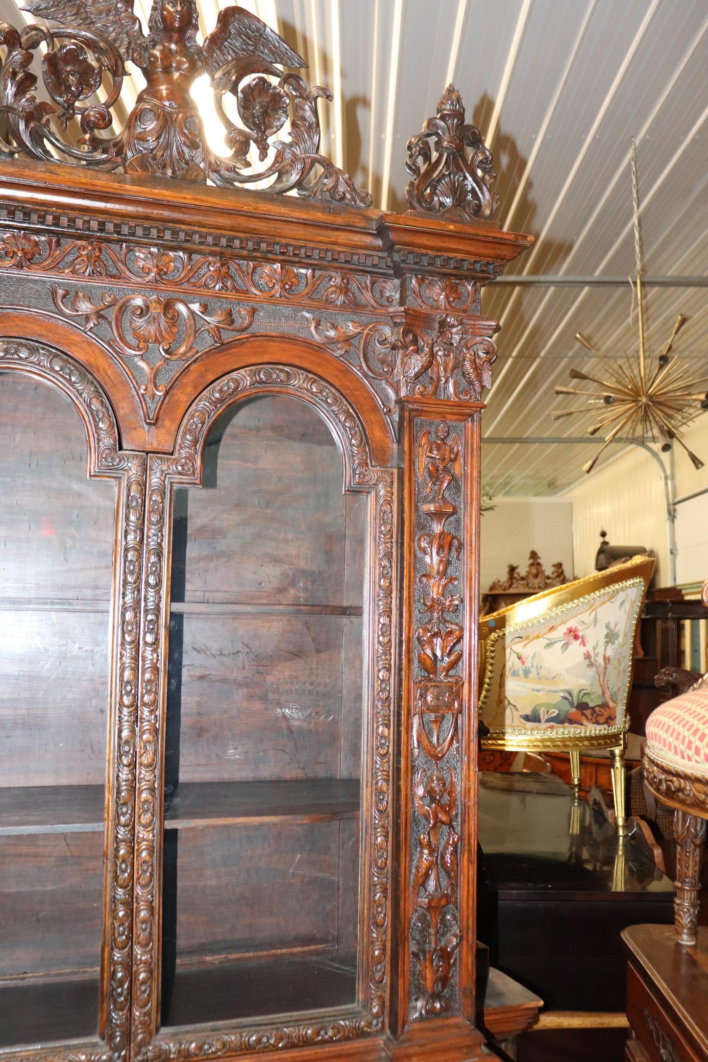 Fine Quality Carved Walnut Renaissance Italian Figural Bookcase Vitrine