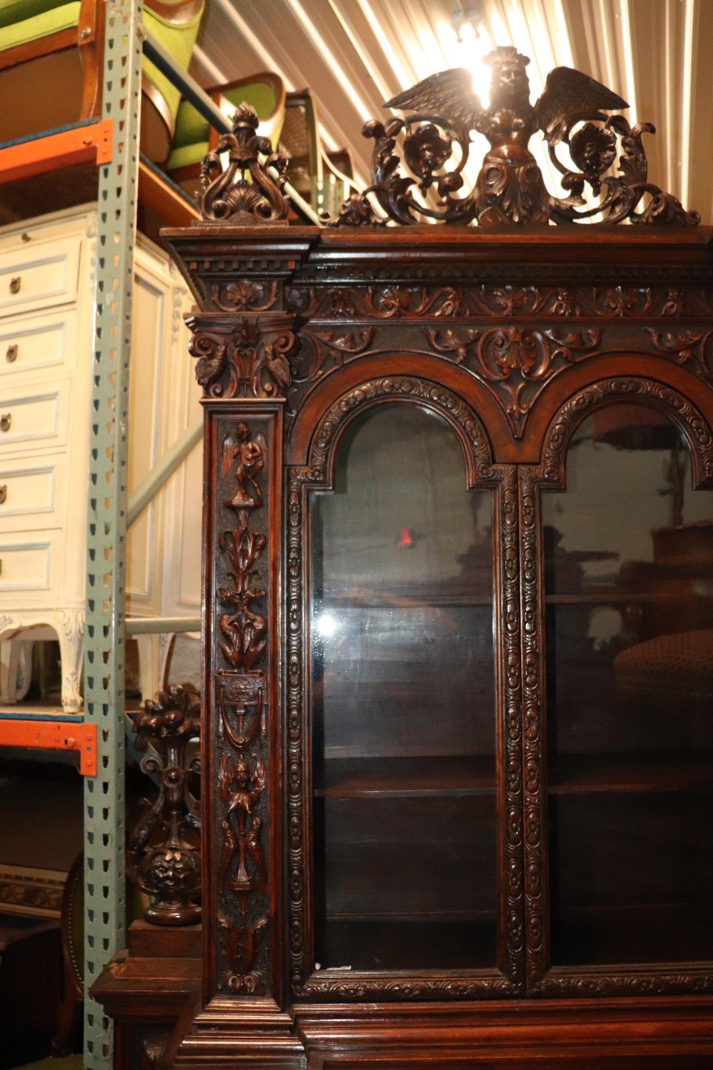 Fine Quality Carved Walnut Renaissance Italian Figural Bookcase Vitrine