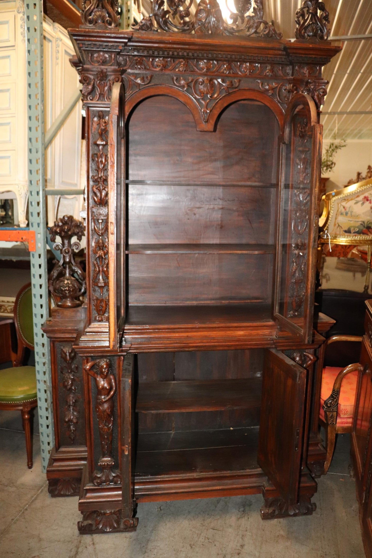 Fine Quality Carved Walnut Renaissance Italian Figural Bookcase Vitrine