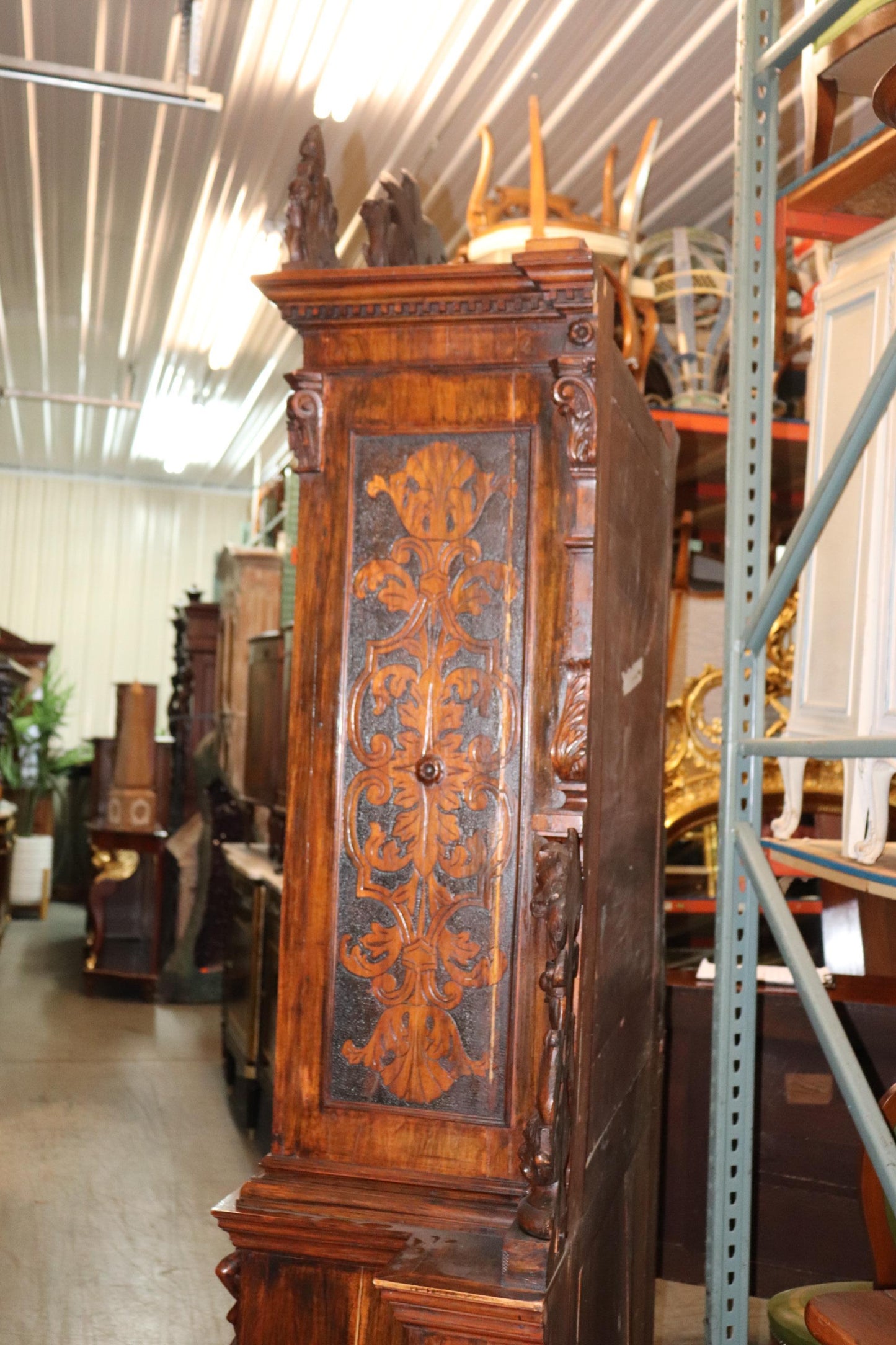 Fine Quality Carved Walnut Renaissance Italian Figural Bookcase Vitrine