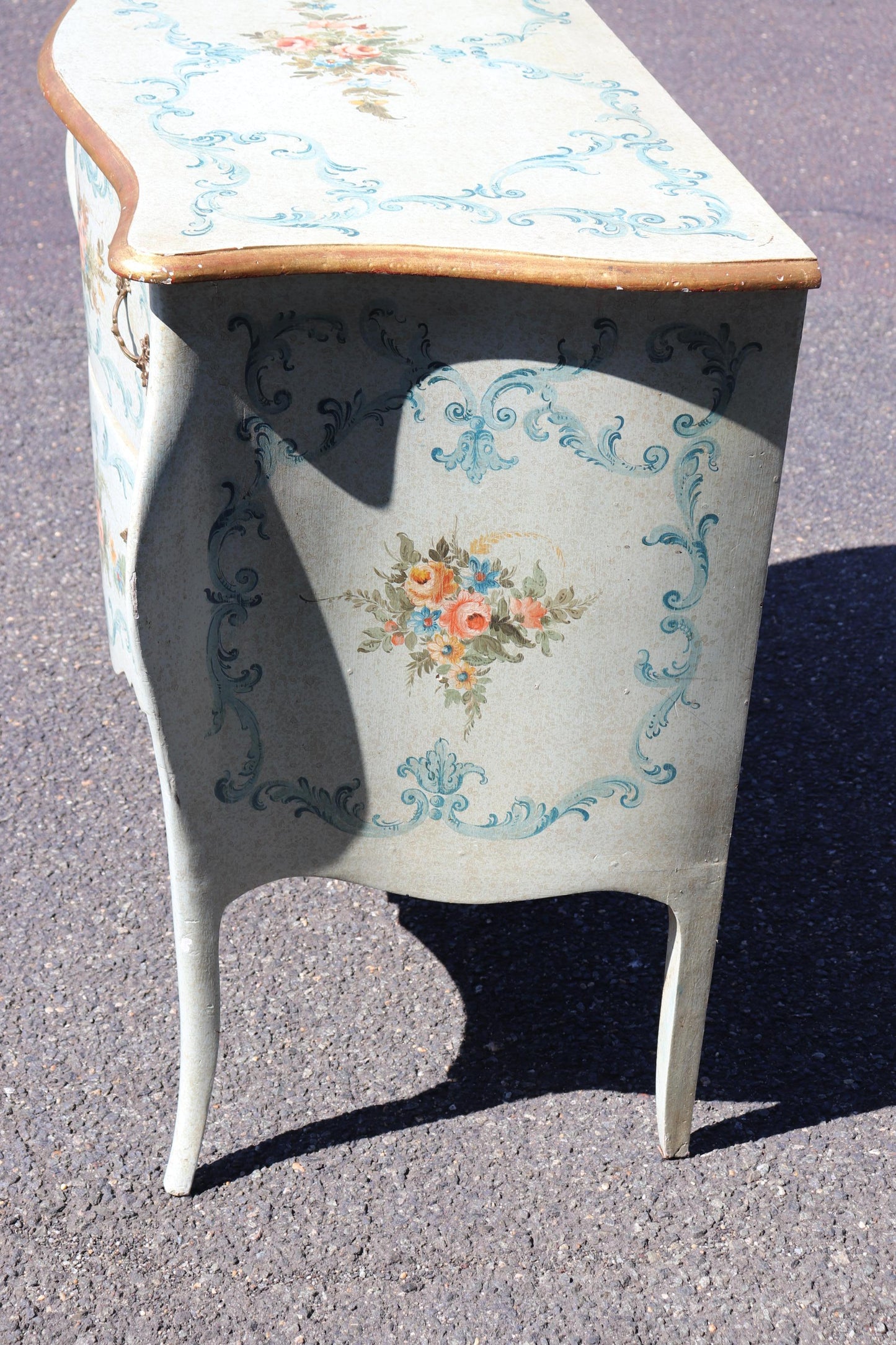 Robin's Egg Blue Venetian Paint Decorated Distressed Italian Commode Circa 1950