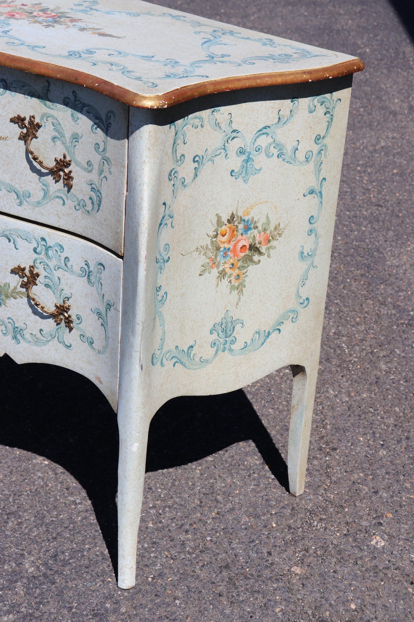 Robin's Egg Blue Venetian Paint Decorated Distressed Italian Commode Circa 1950