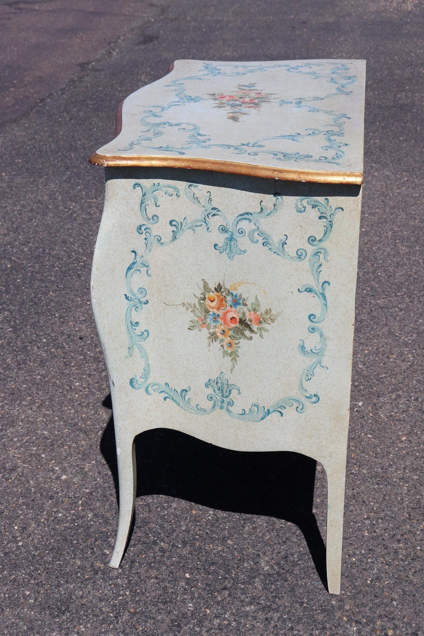 Robin's Egg Blue Venetian Paint Decorated Distressed Italian Commode Circa 1950