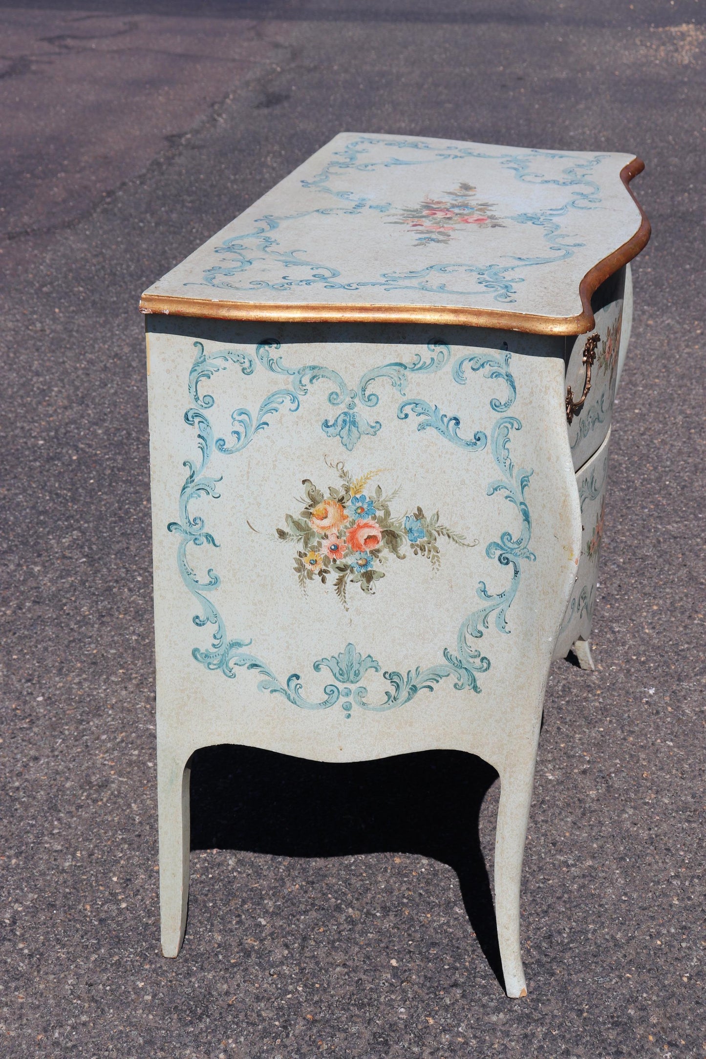 Robin's Egg Blue Venetian Paint Decorated Distressed Italian Commode Circa 1950