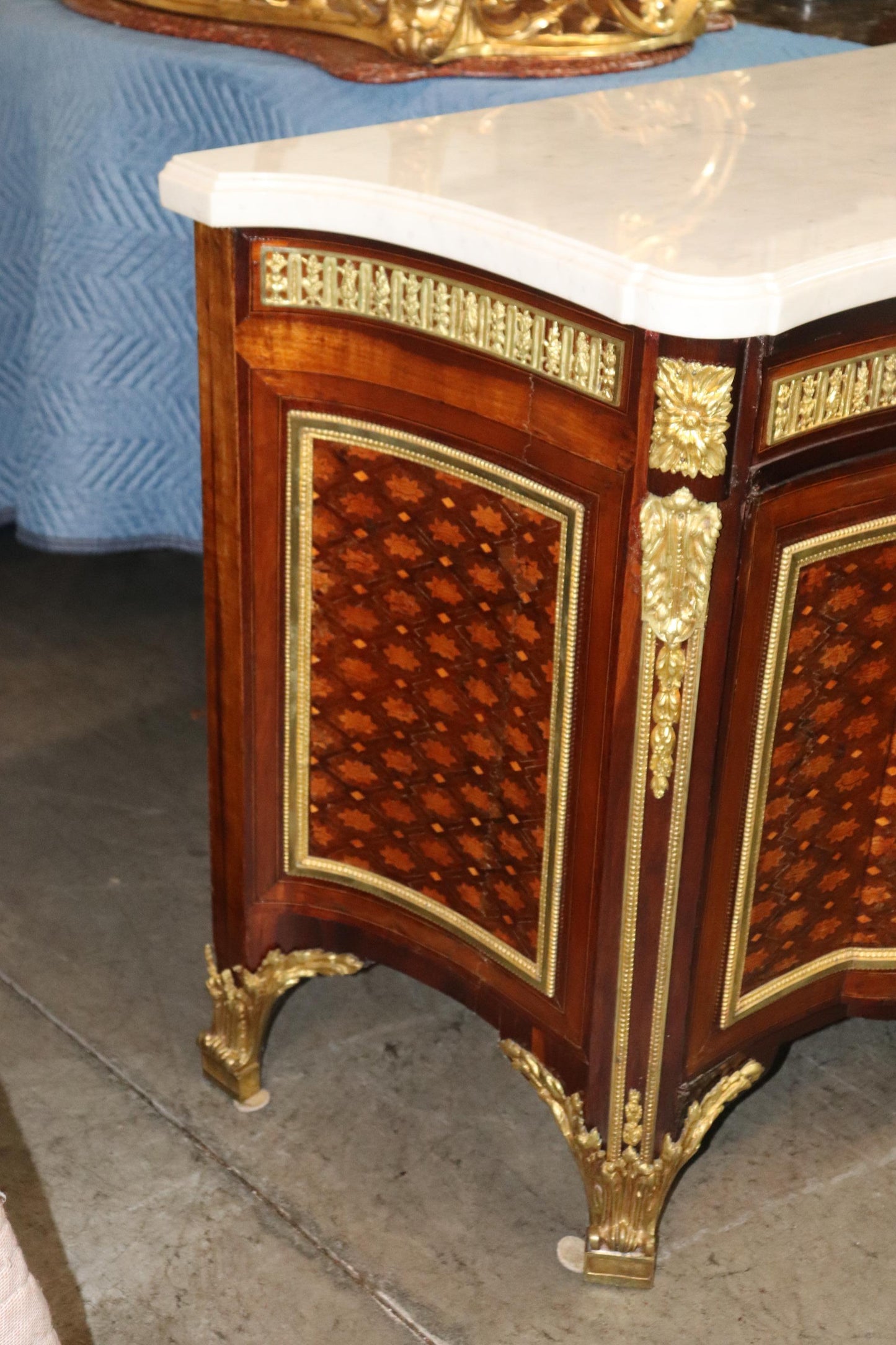 Fine Inlaid Palace Sized French Louis XV Marble Top Commode, circa 1870s