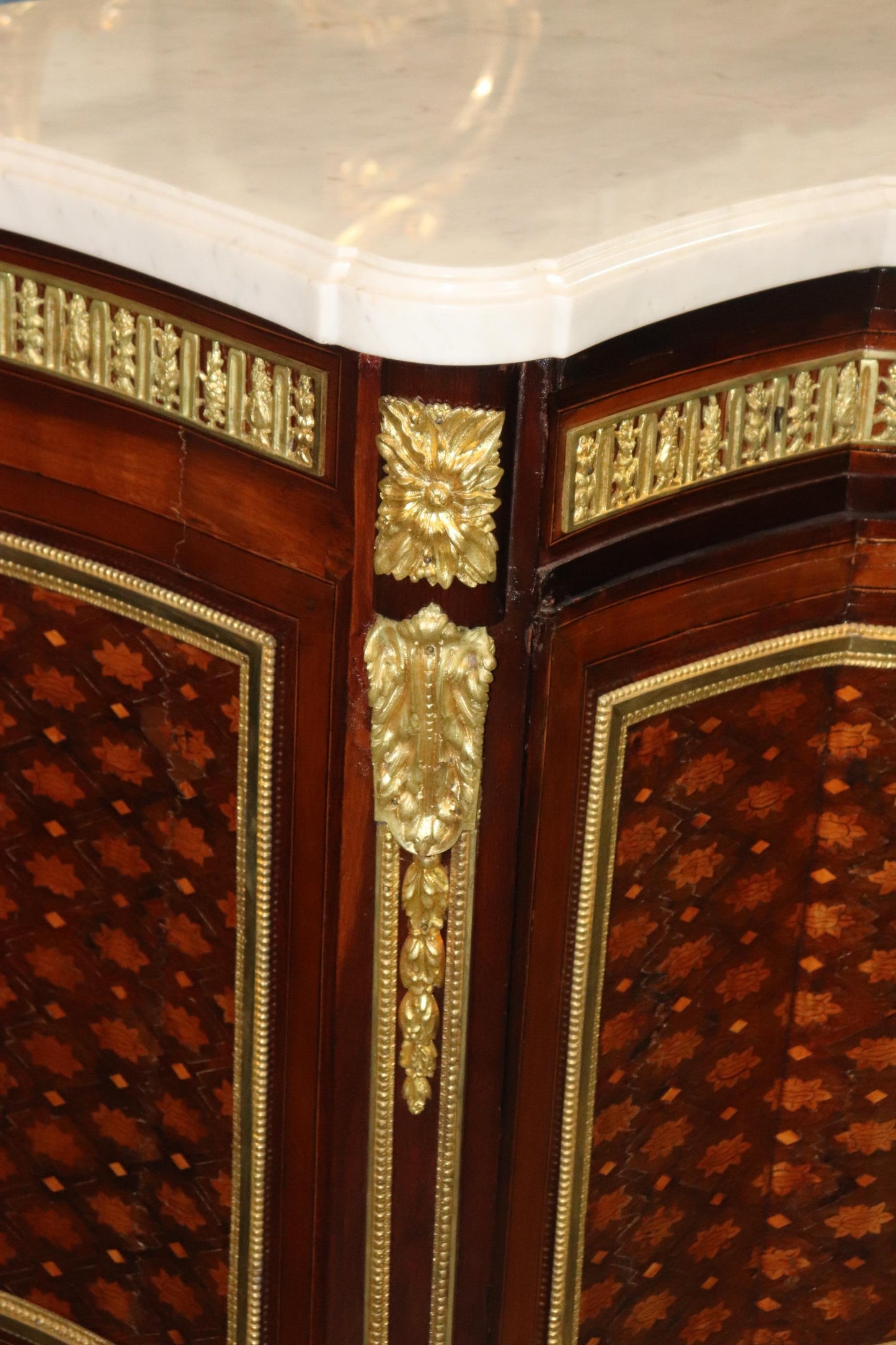 Fine Inlaid Palace Sized French Louis XV Marble Top Commode, circa 1870s