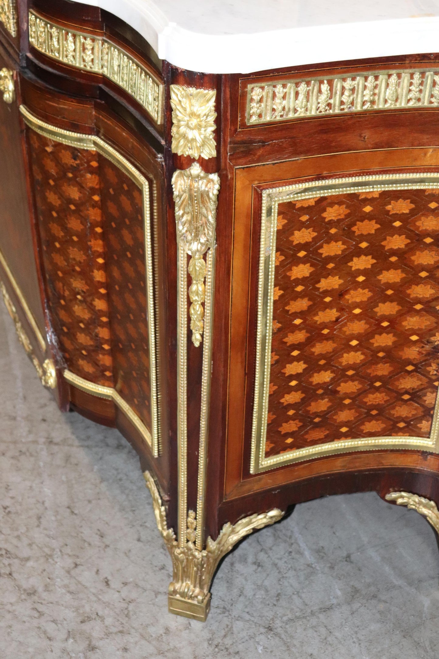 Fine Inlaid Palace Sized French Louis XV Marble Top Commode, circa 1870s