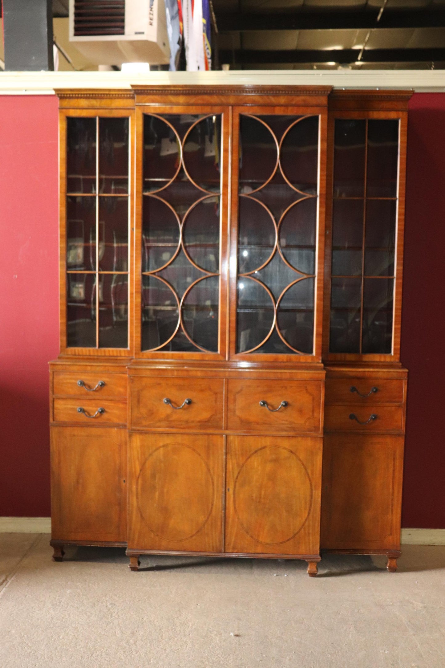 Fine Satinwood Baker Furniture Company Crown Glass Breakfront Bookcase