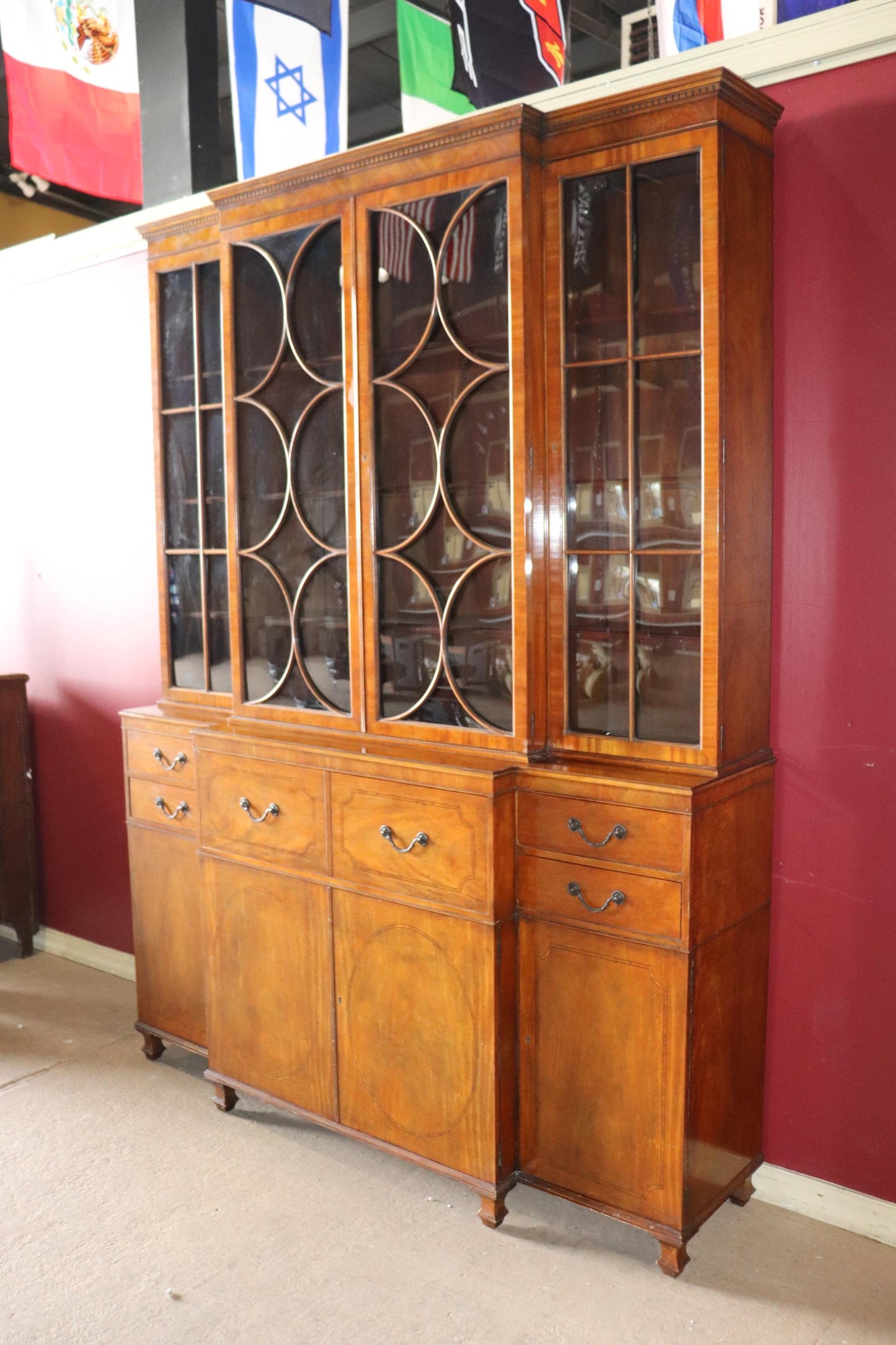 Fine Satinwood Baker Furniture Company Crown Glass Breakfront Bookcase