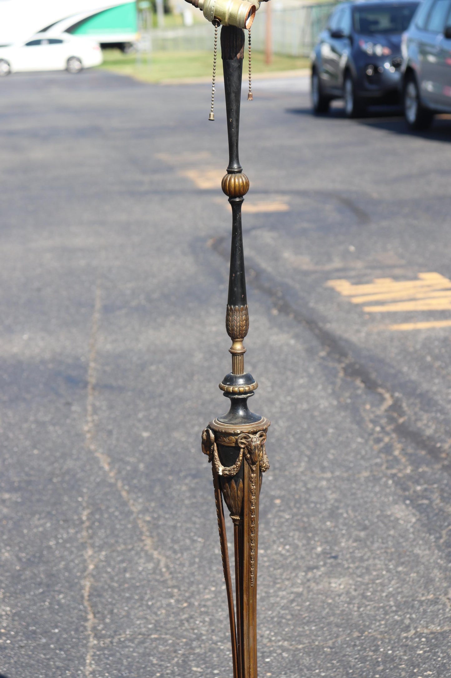 E.F. Caldwell Attributed Bronze and Steel Rams Head French Regency Floor Lamp