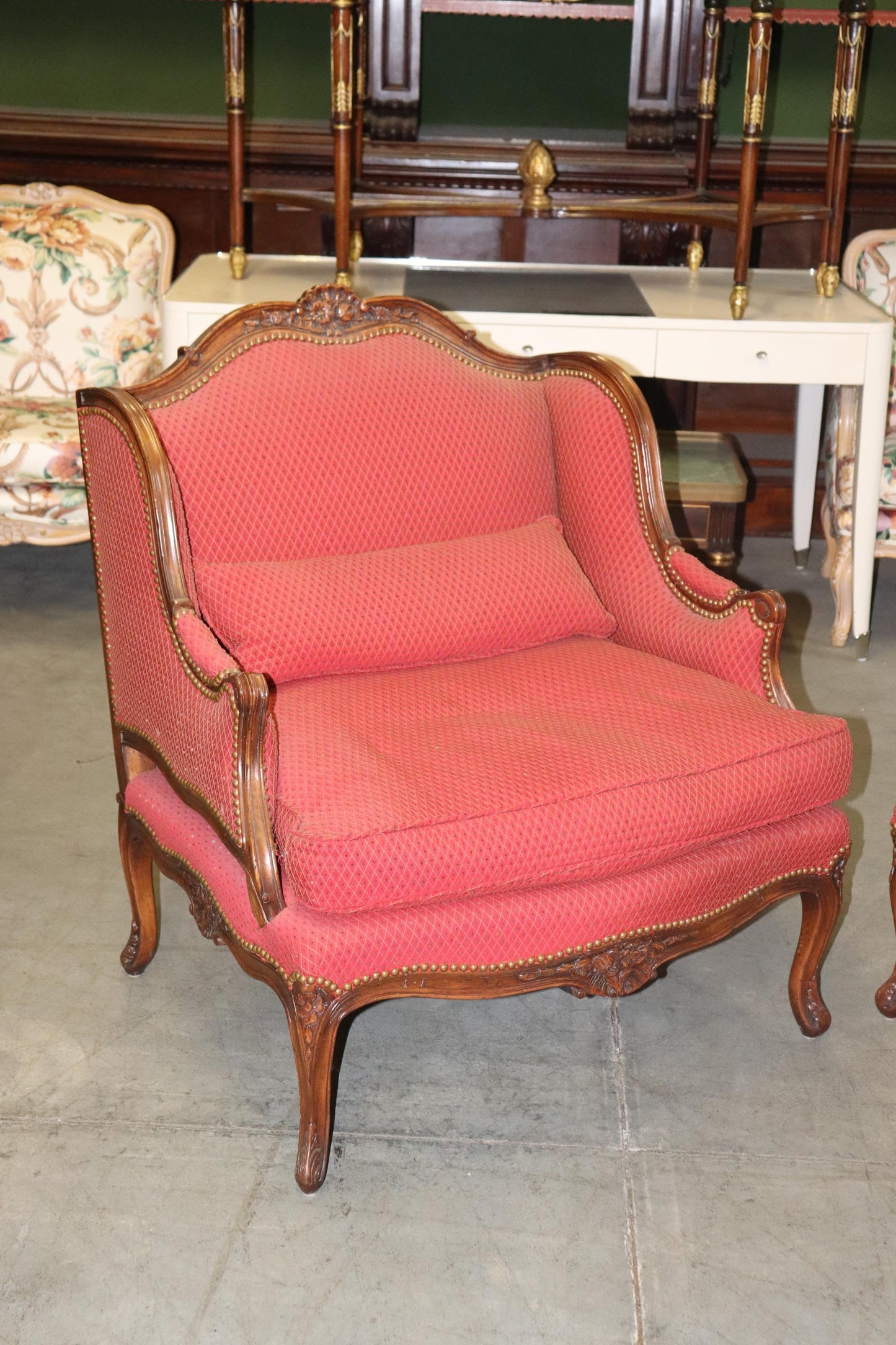 Fine Pair Carved Walnut French Louis XV Style Bergere Chairs Marquis Circa 1960s