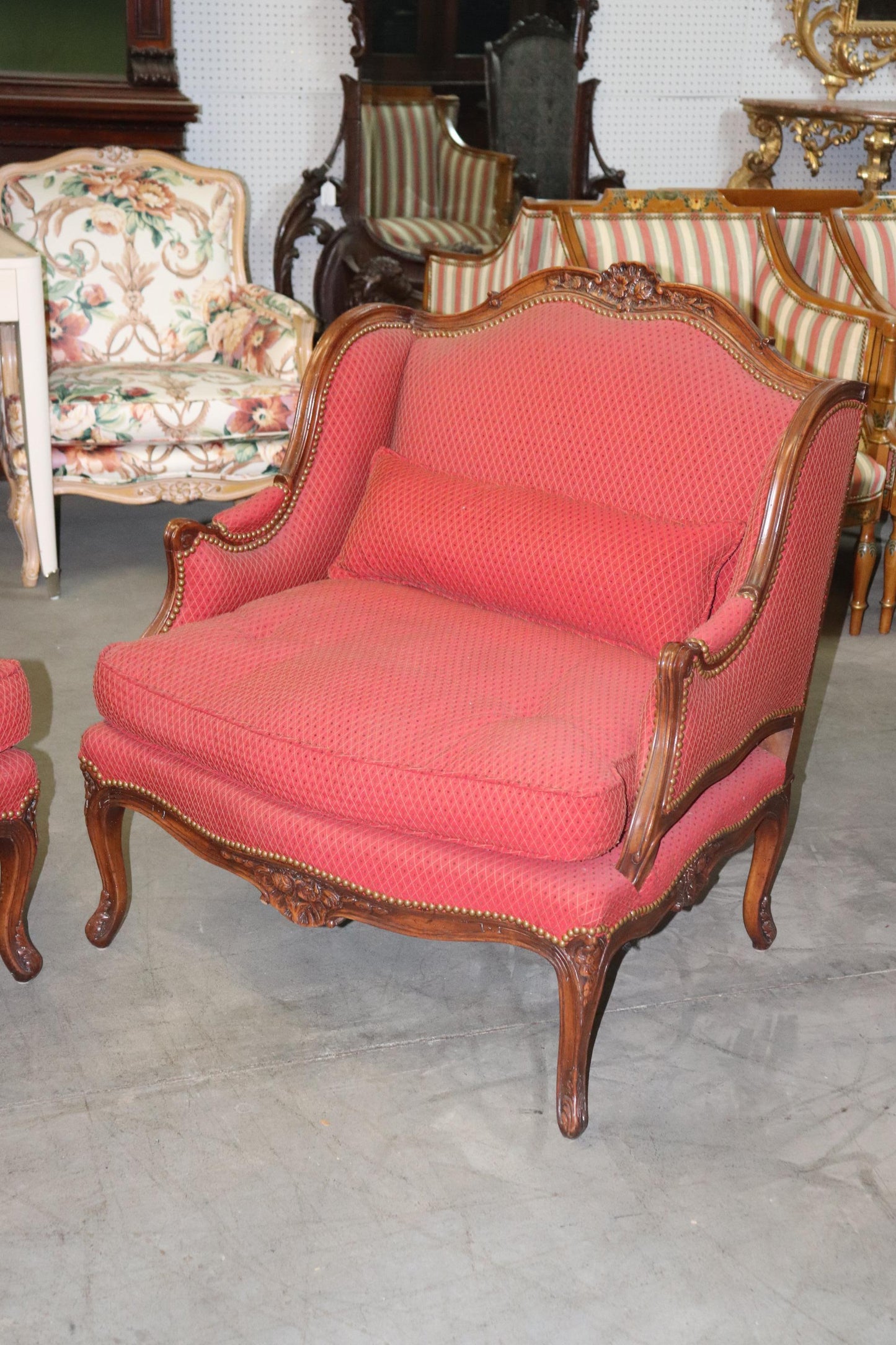 Fine Pair Carved Walnut French Louis XV Style Bergere Chairs Marquis Circa 1960s