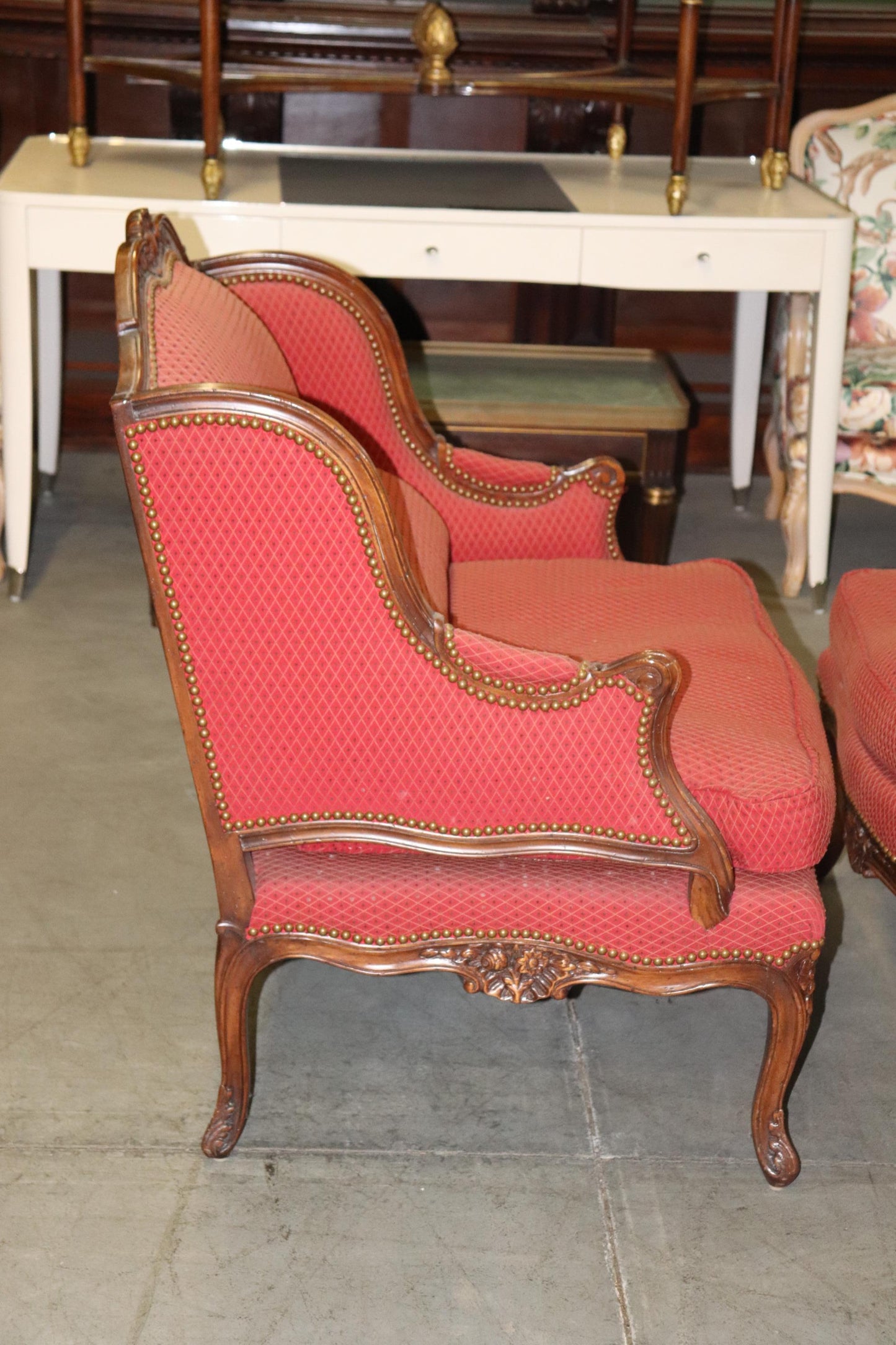 Fine Pair Carved Walnut French Louis XV Style Bergere Chairs Marquis Circa 1960s