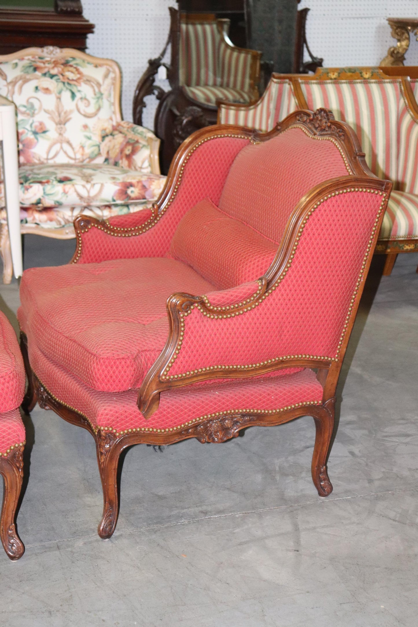 Fine Pair Carved Walnut French Louis XV Style Bergere Chairs Marquis Circa 1960s