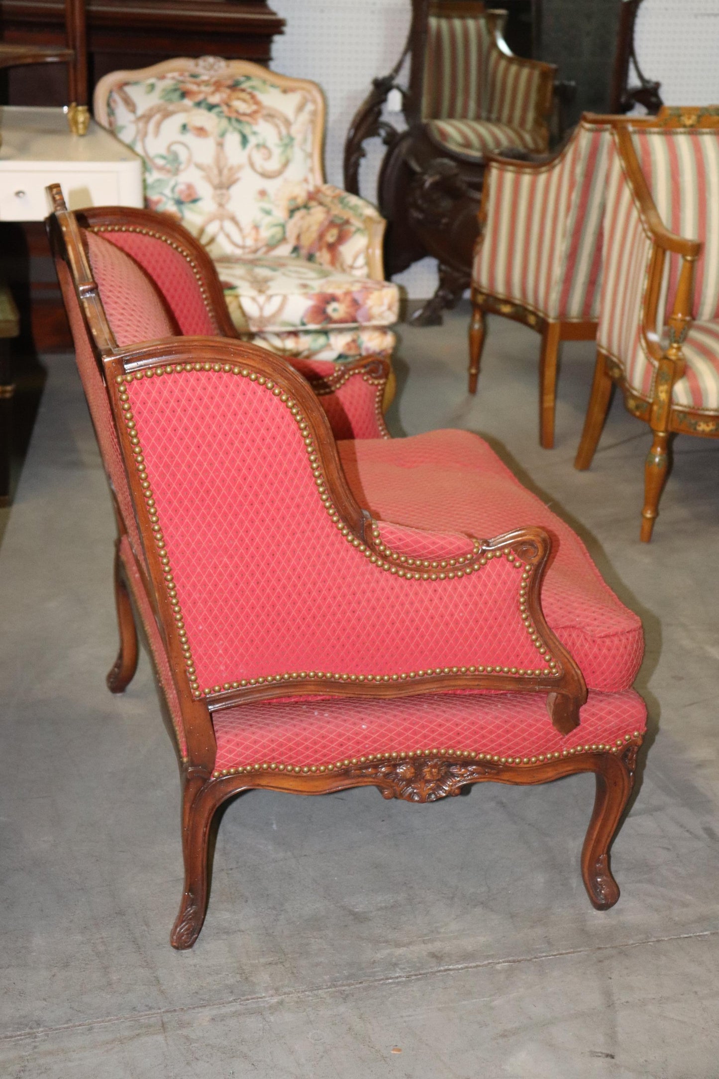 Fine Pair Carved Walnut French Louis XV Style Bergere Chairs Marquis Circa 1960s