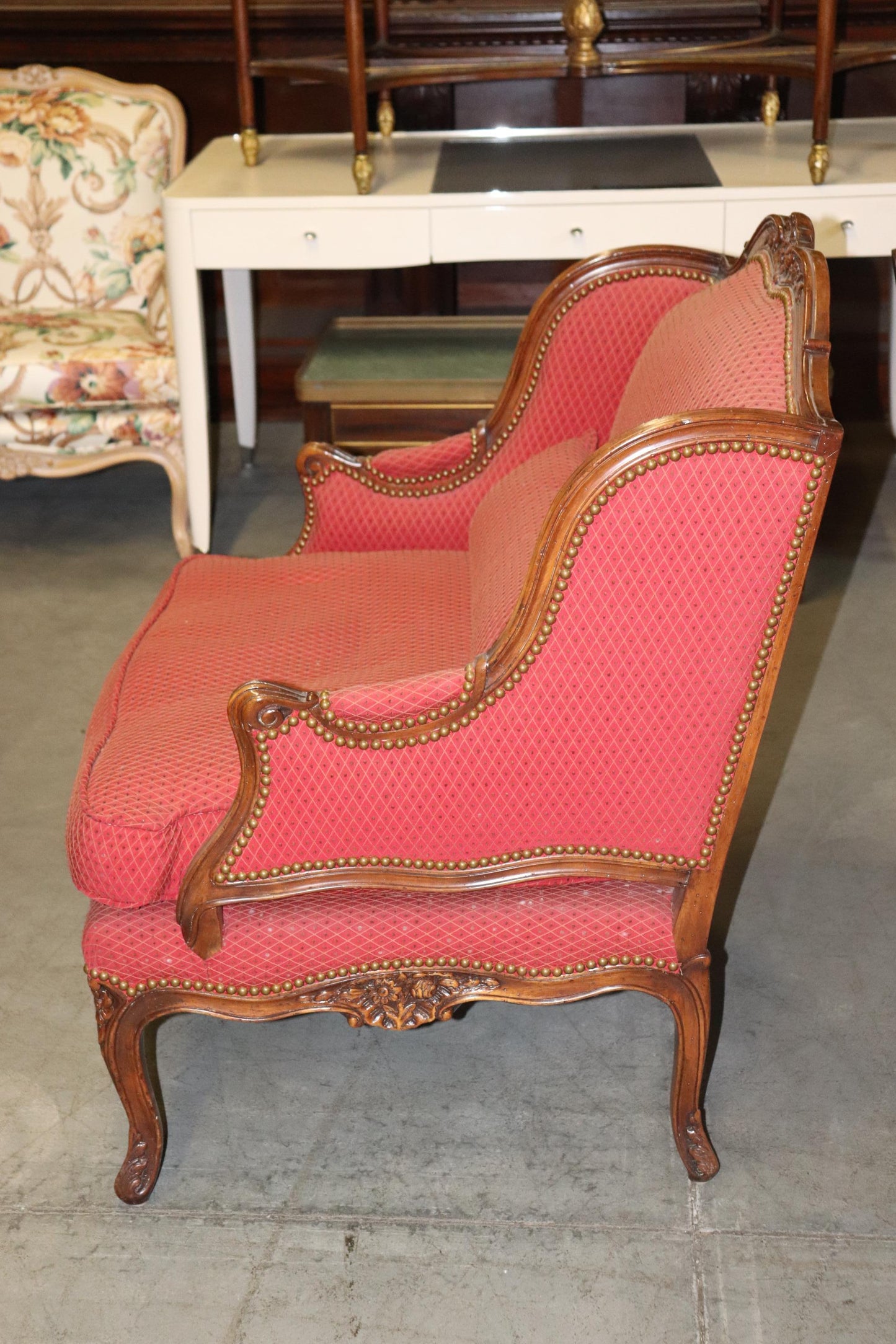 Fine Pair Carved Walnut French Louis XV Style Bergere Chairs Marquis Circa 1960s