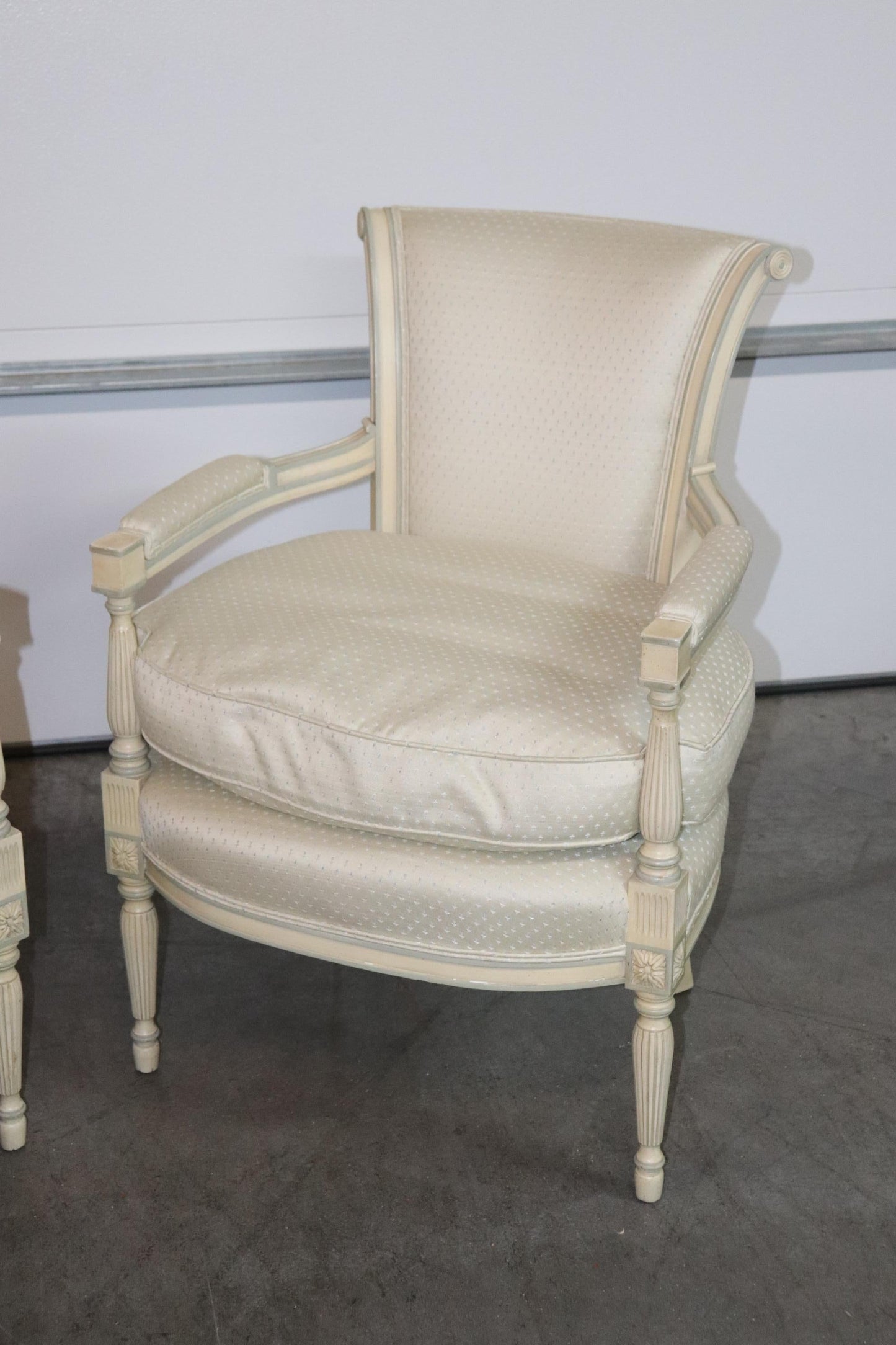 Soft Blue and White Painted French Directoire Style Medium Size Armchairs