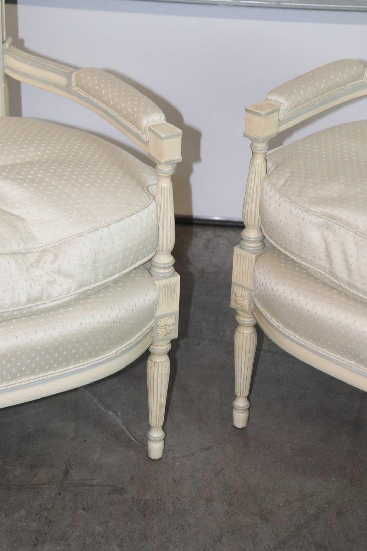 Soft Blue and White Painted French Directoire Style Medium Size Armchairs