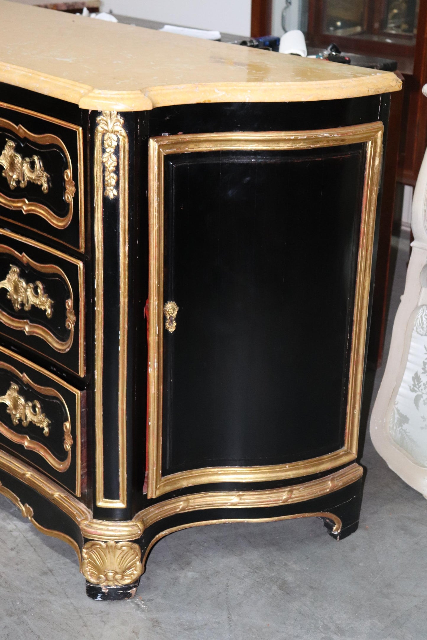 Huge Gilded Ebonized Period French Louis XV Marble Top Butlers Desk Commode