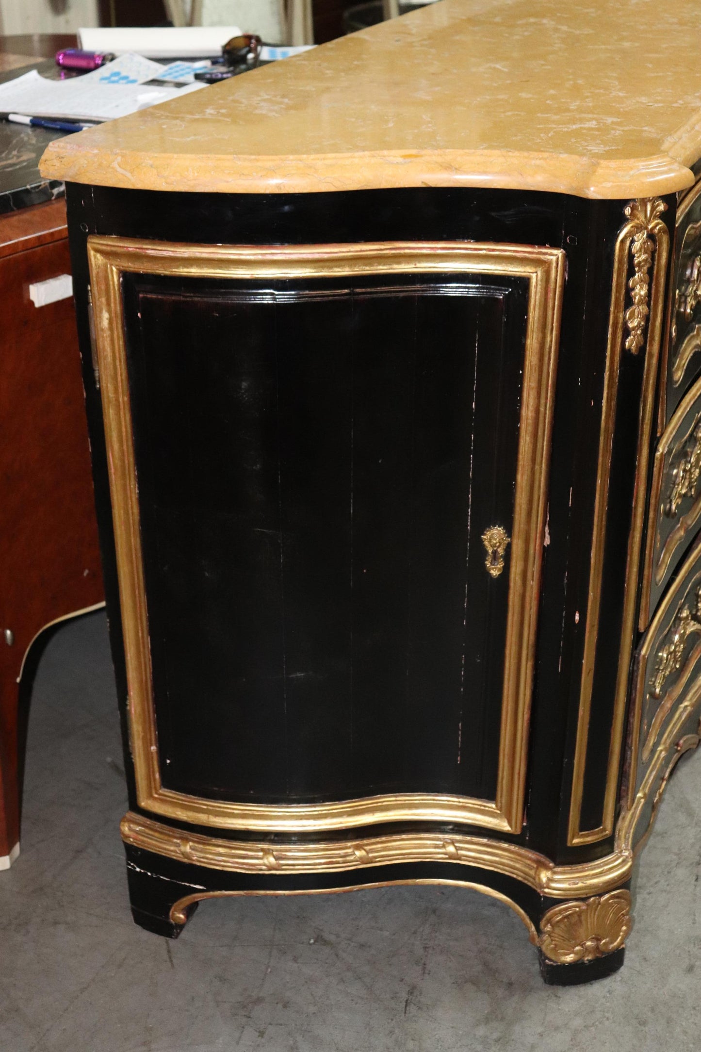 Huge Gilded Ebonized Period French Louis XV Marble Top Butlers Desk Commode