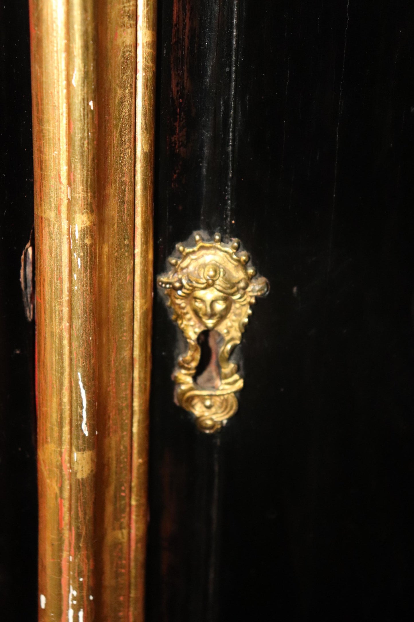 Huge Gilded Ebonized Period French Louis XV Marble Top Butlers Desk Commode