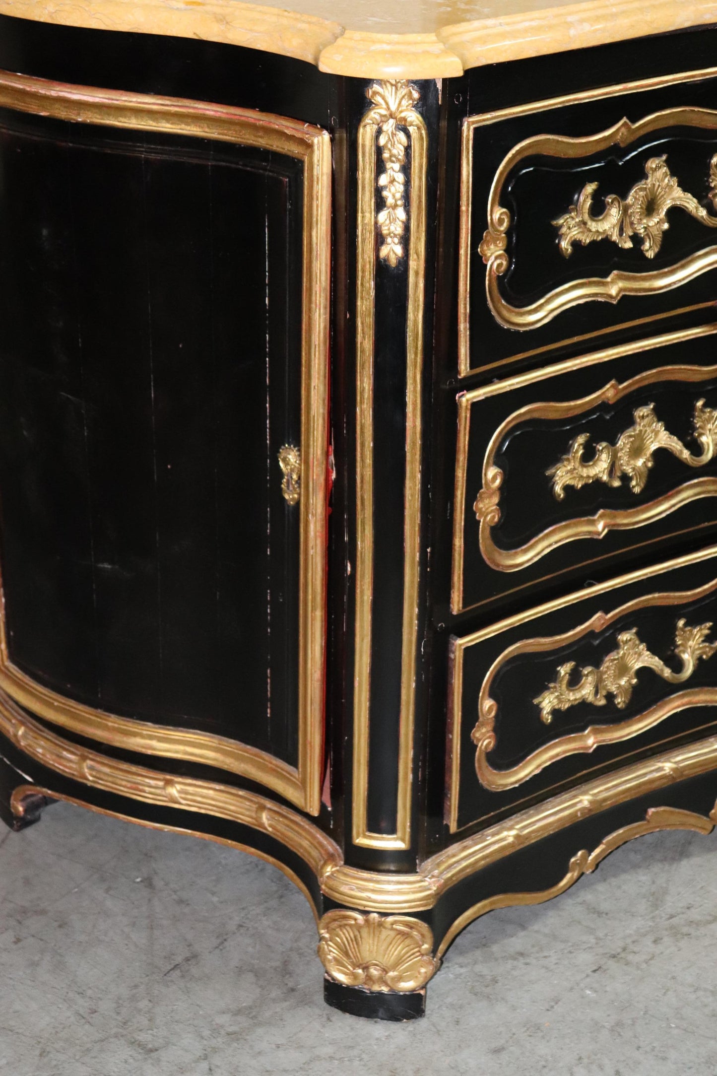 Huge Gilded Ebonized Period French Louis XV Marble Top Butlers Desk Commode