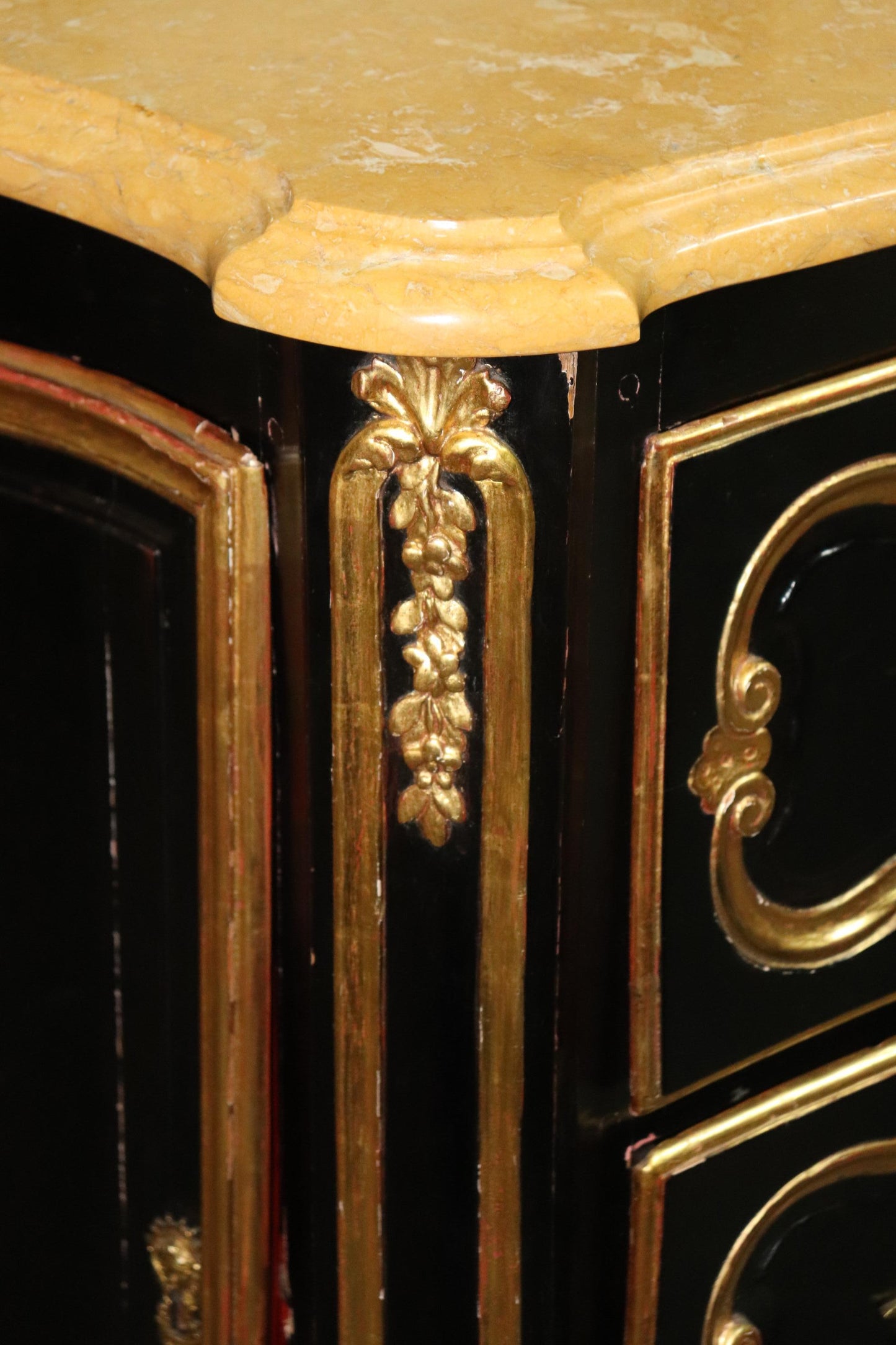 Huge Gilded Ebonized Period French Louis XV Marble Top Butlers Desk Commode