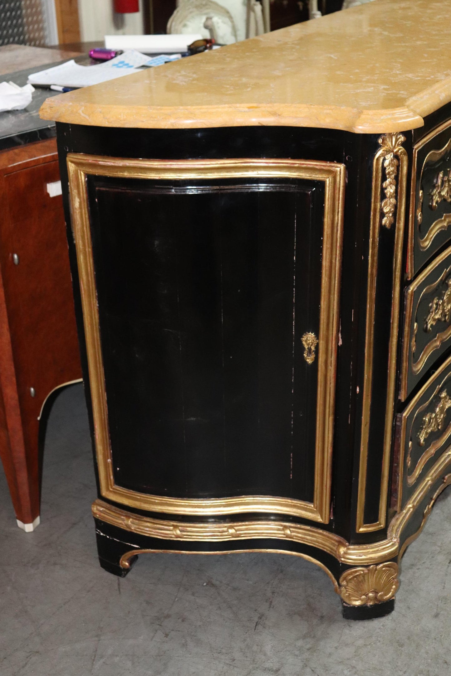 Huge Gilded Ebonized Period French Louis XV Marble Top Butlers Desk Commode