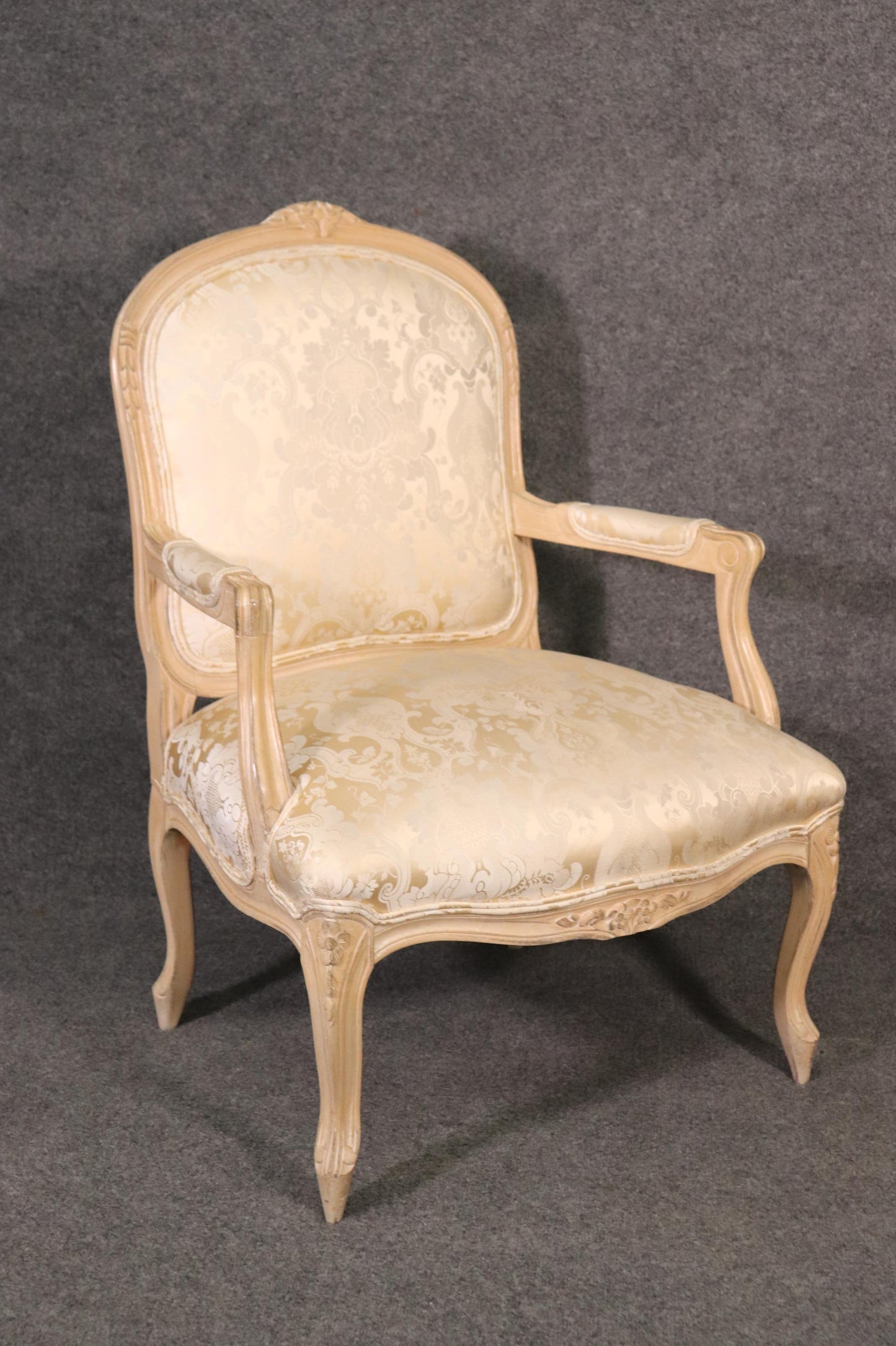 Pair of Fine Quality Carved Limed Beechwood French Louis XV Armchairs Curca 1940