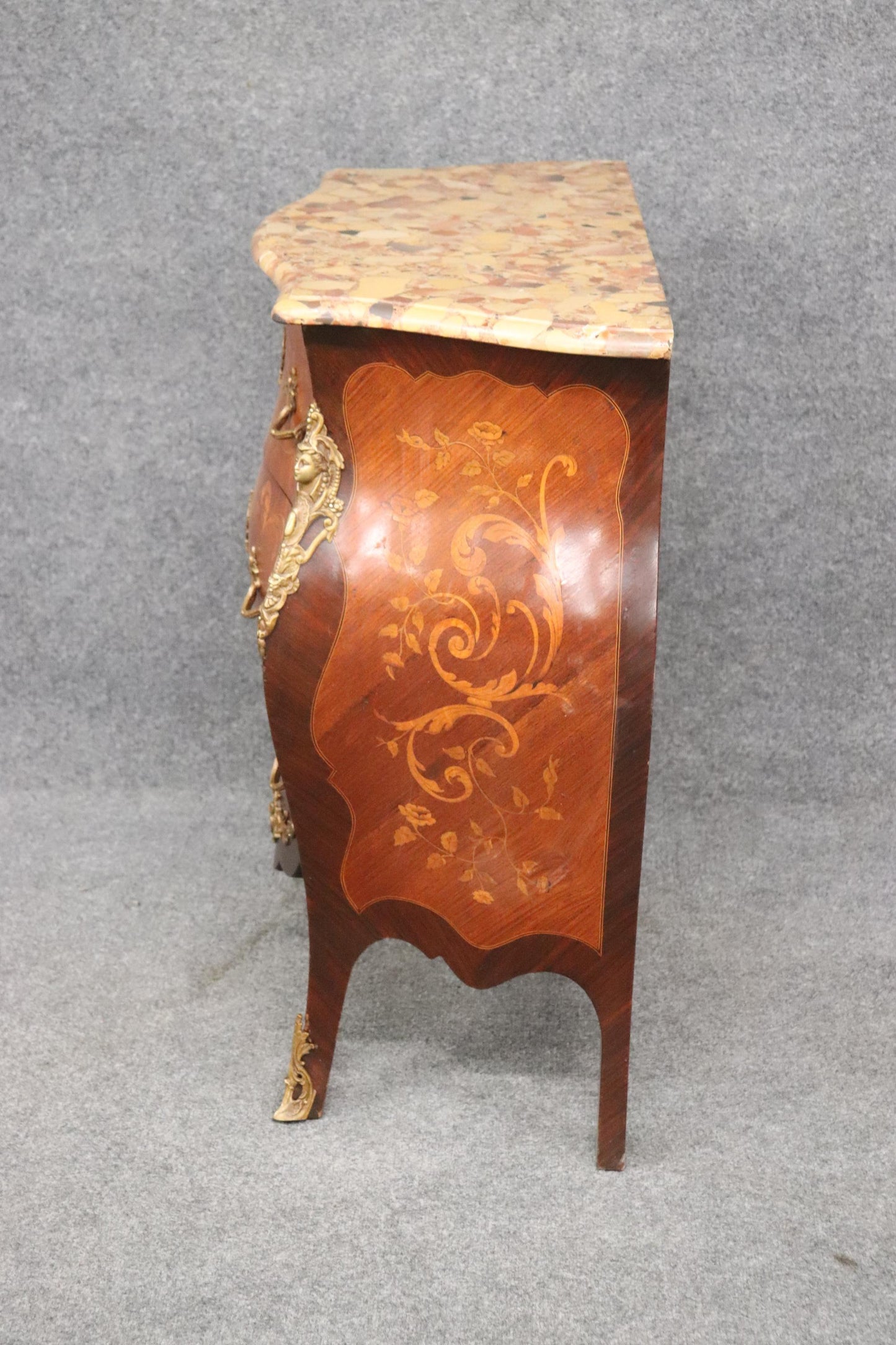 Fine Quality Figural Bronze Inlaid walnut Marble Top Louis XV commode Circa 1910