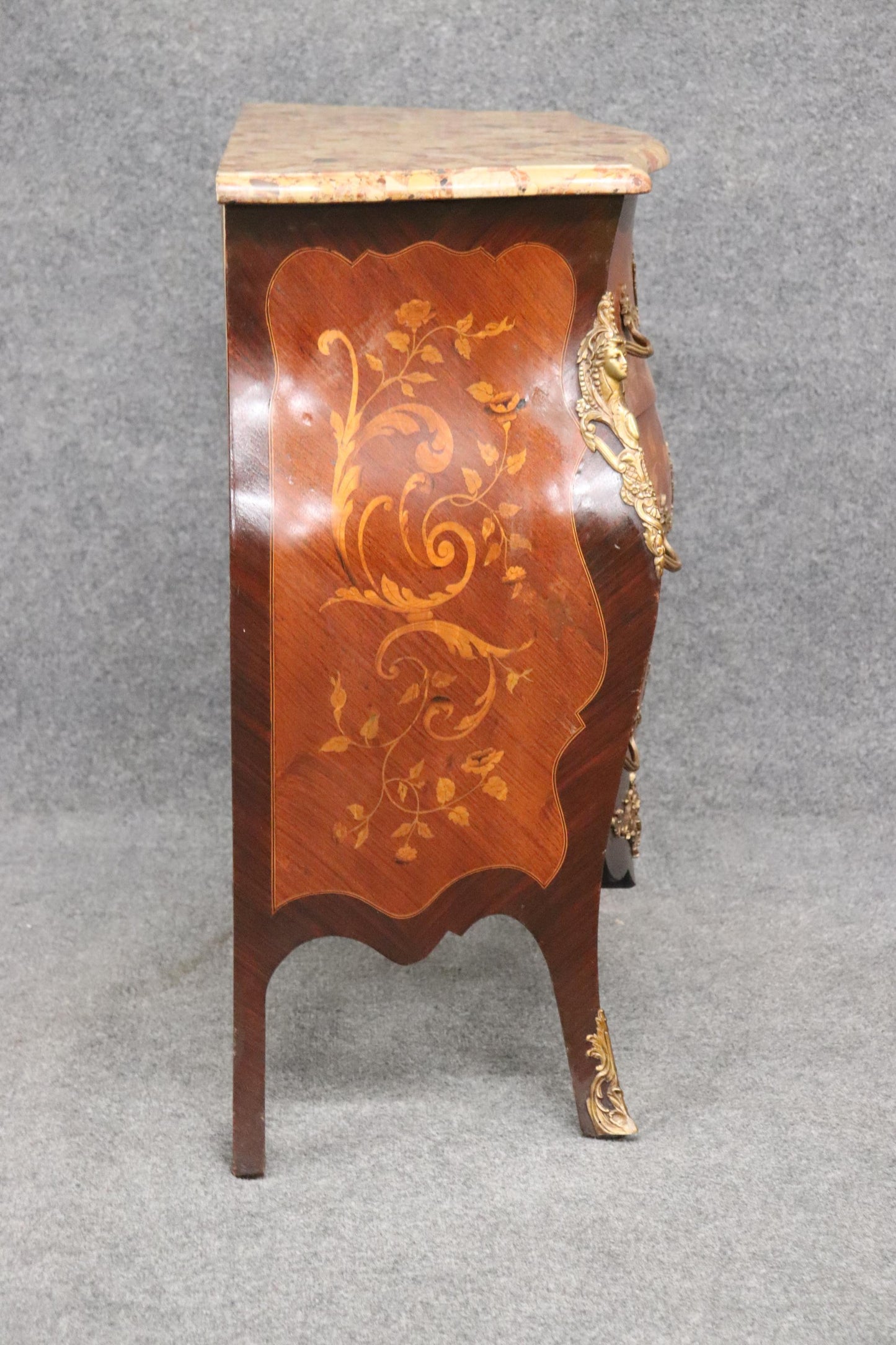 Fine Quality Figural Bronze Inlaid walnut Marble Top Louis XV commode Circa 1910