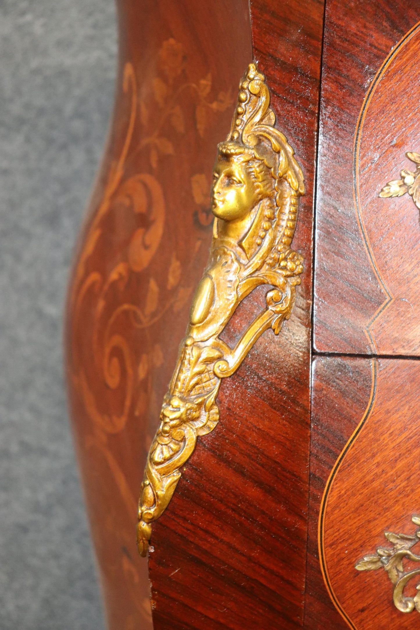 Fine Quality Figural Bronze Inlaid walnut Marble Top Louis XV commode Circa 1910