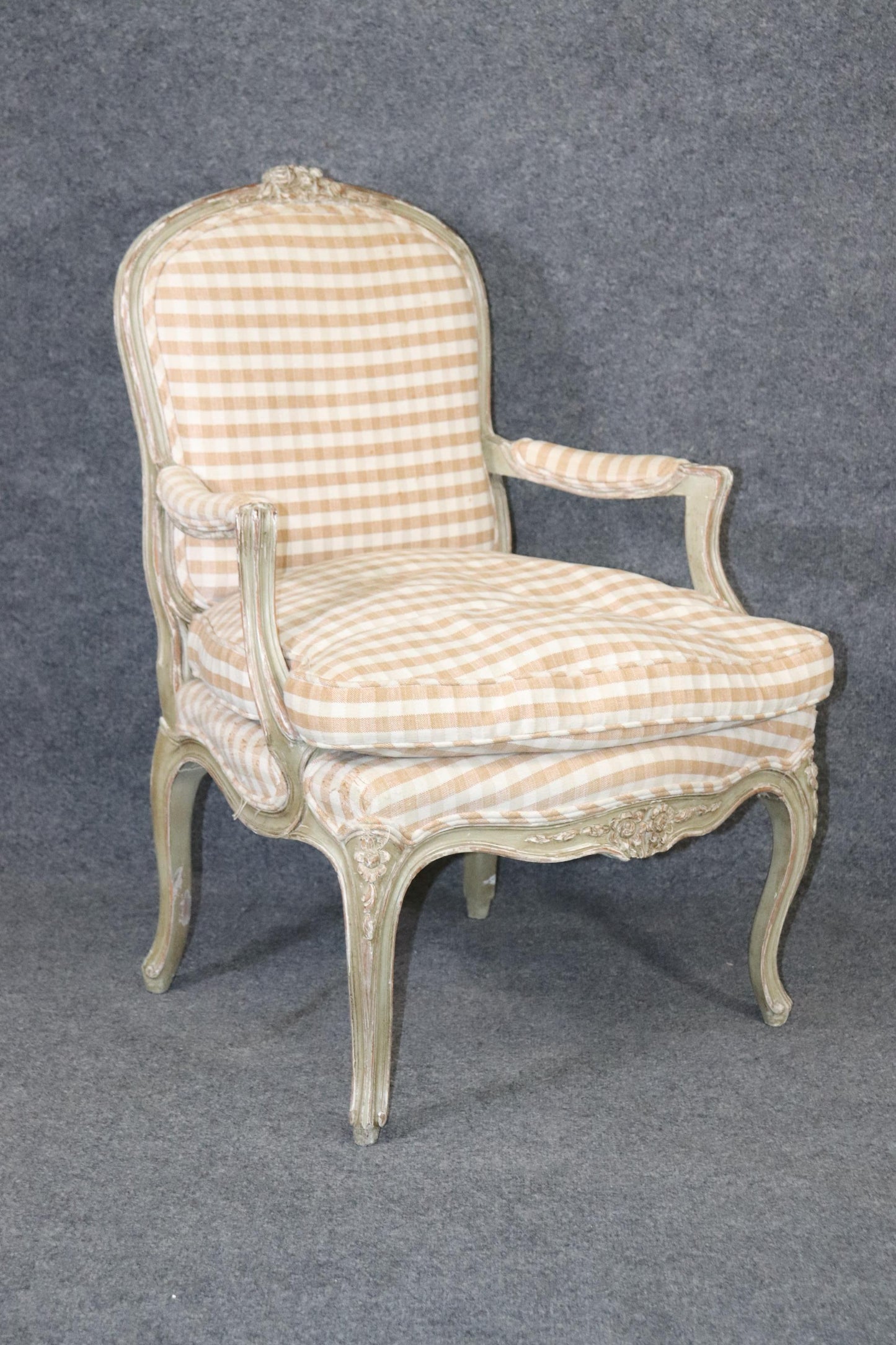 Pair of Distressed Painted French Carved Louis XV Armchairs, Circa 1930s