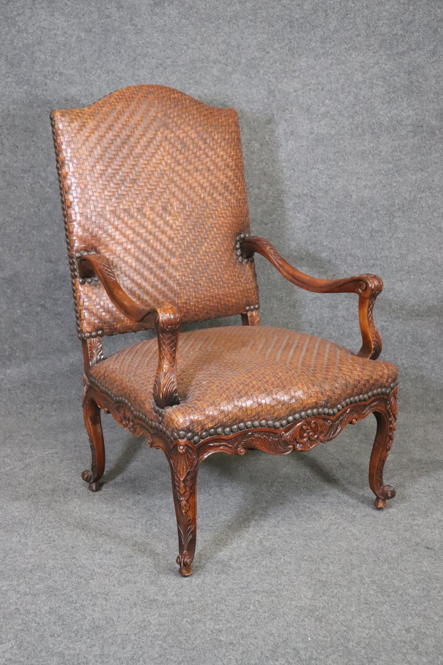 Mahogany Woven Leather Upholstered French Louis XV Theodore Alexander Armchair