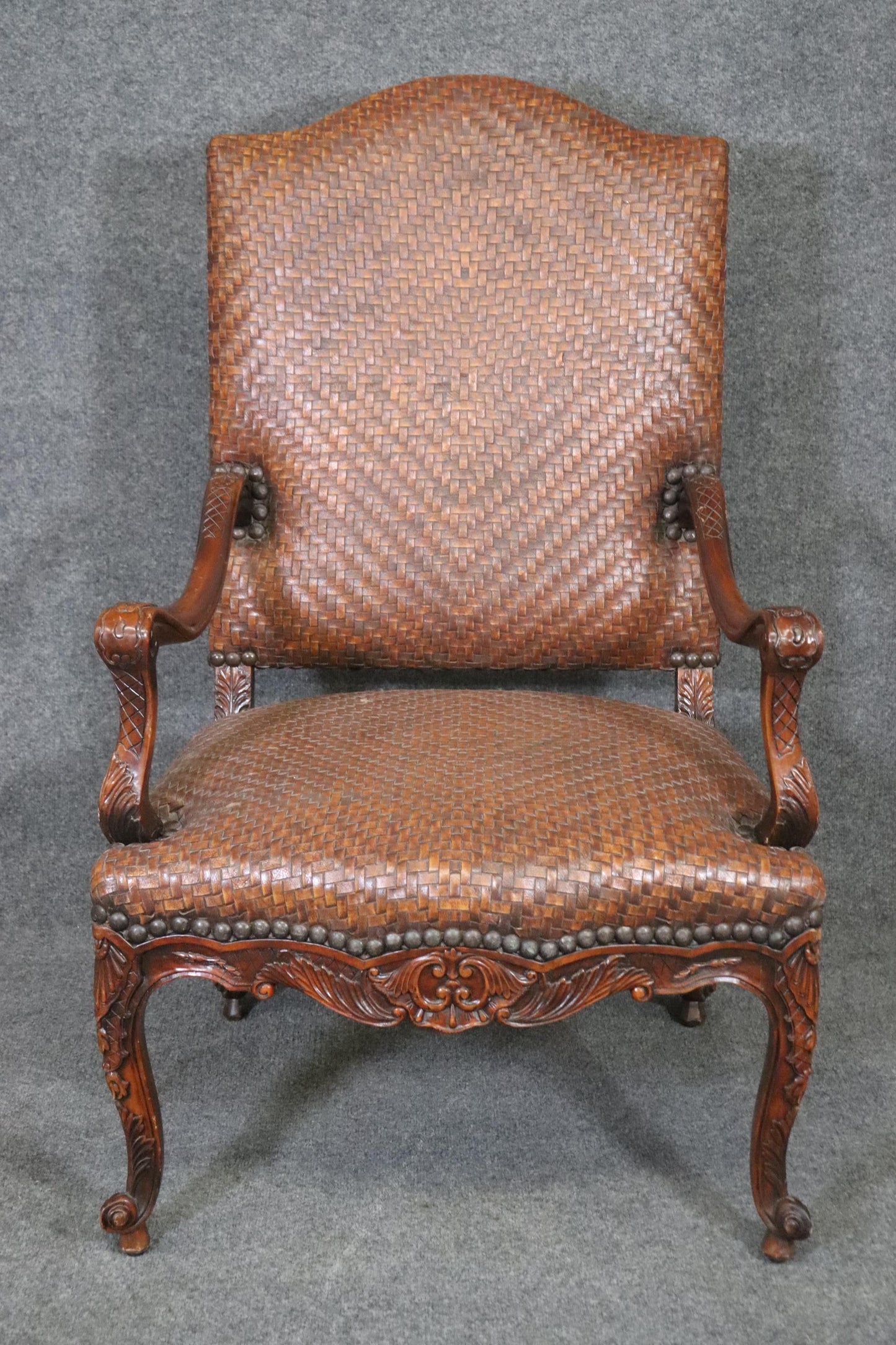 Mahogany Woven Leather Upholstered French Louis XV Theodore Alexander Armchair