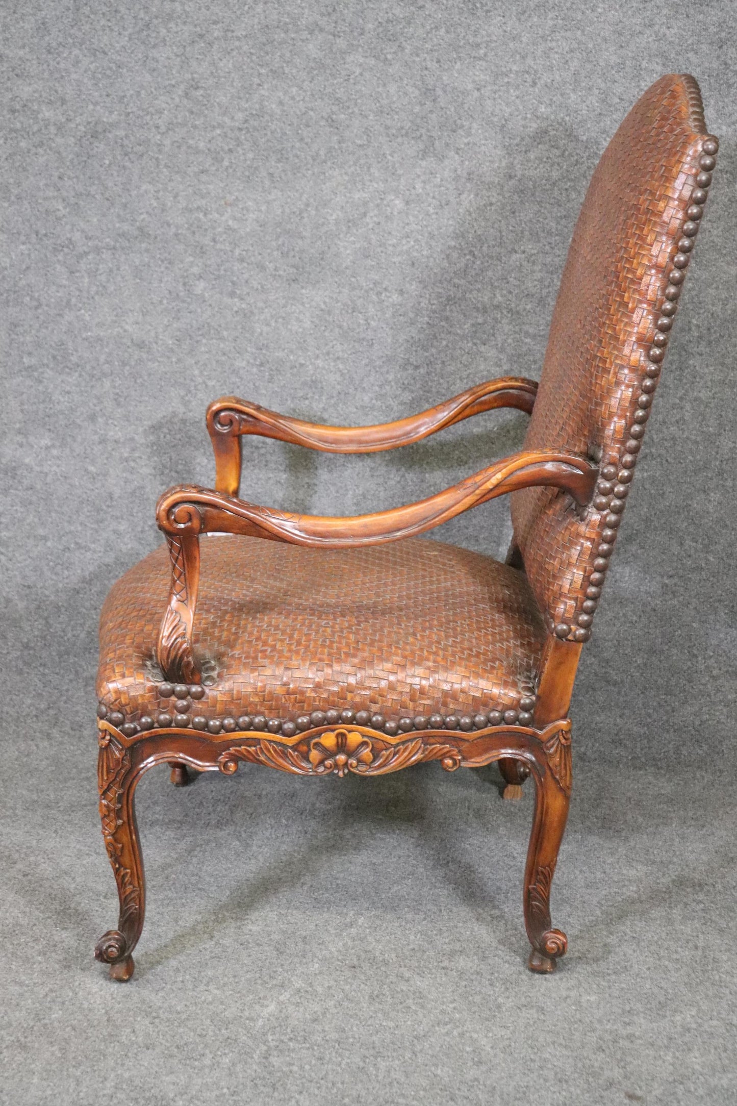 Mahogany Woven Leather Upholstered French Louis XV Theodore Alexander Armchair