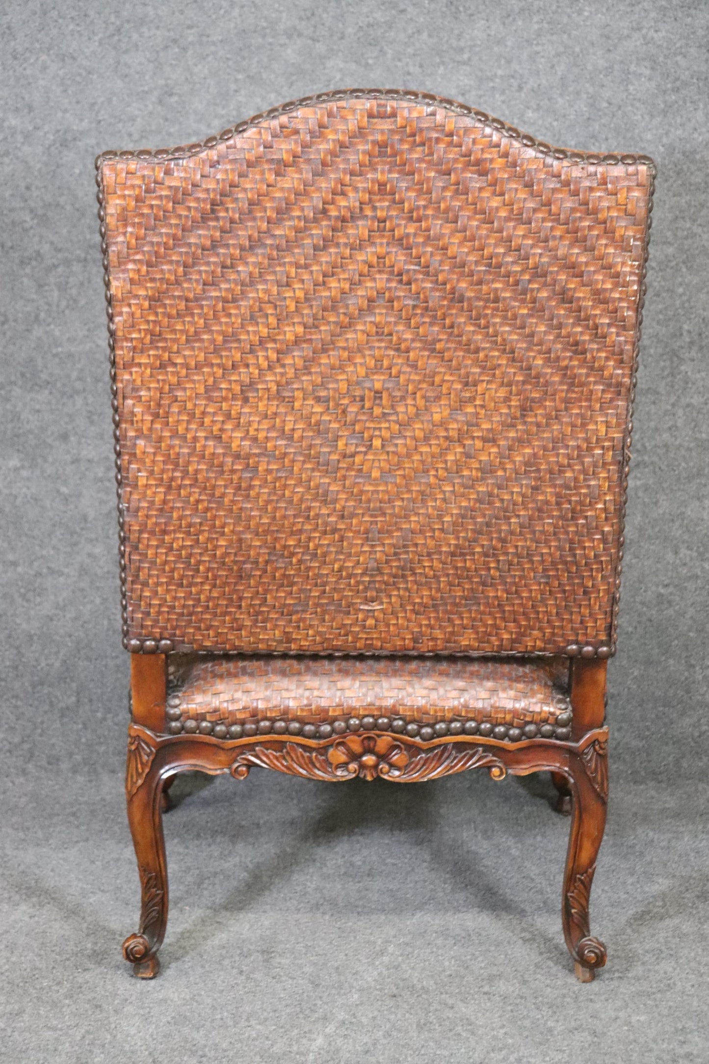 Mahogany Woven Leather Upholstered French Louis XV Theodore Alexander Armchair