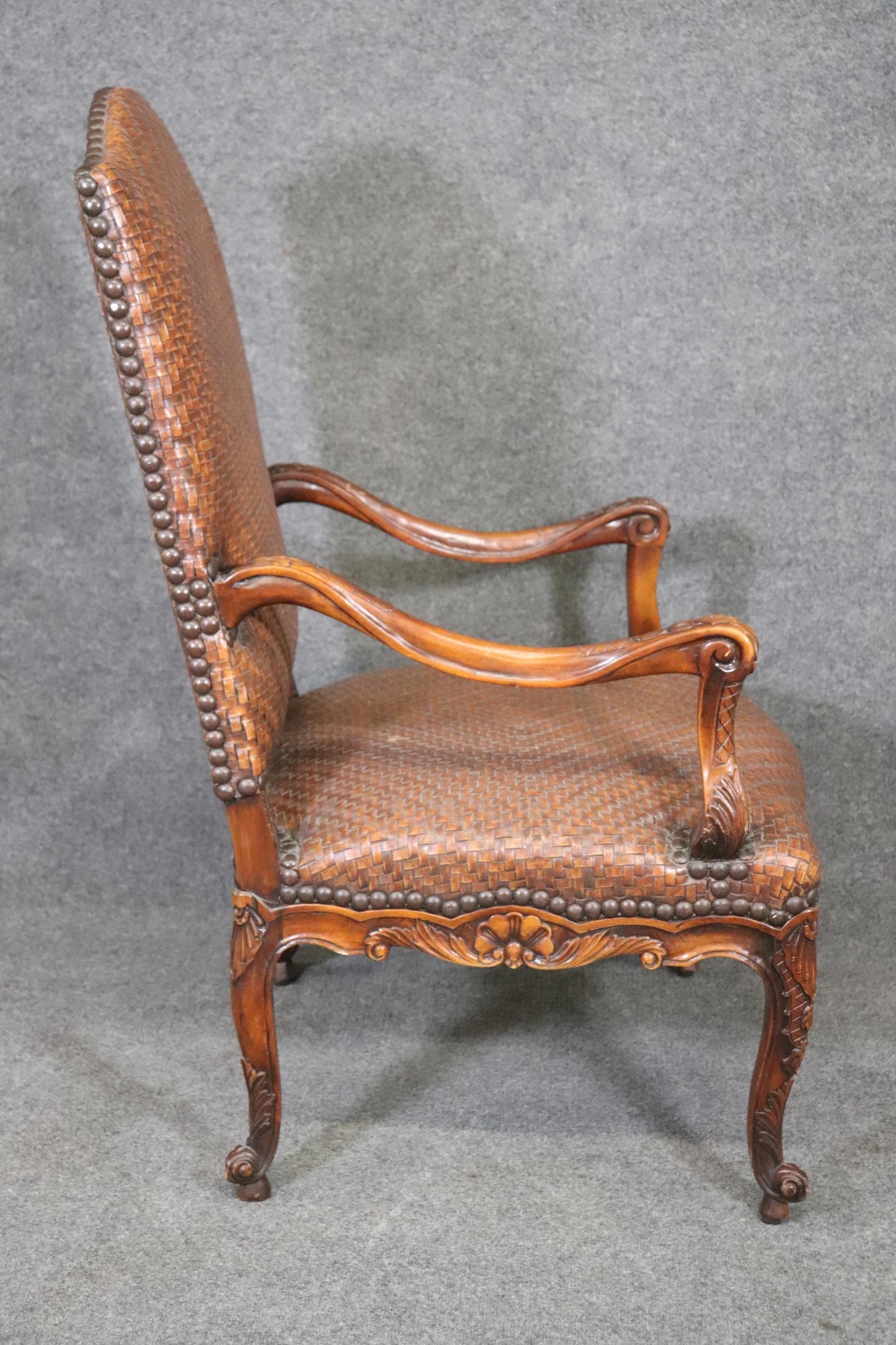 Mahogany Woven Leather Upholstered French Louis XV Theodore Alexander Armchair