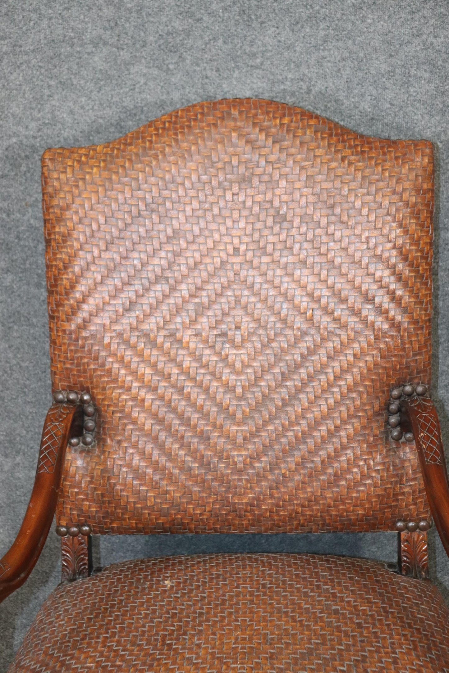 Mahogany Woven Leather Upholstered French Louis XV Theodore Alexander Armchair