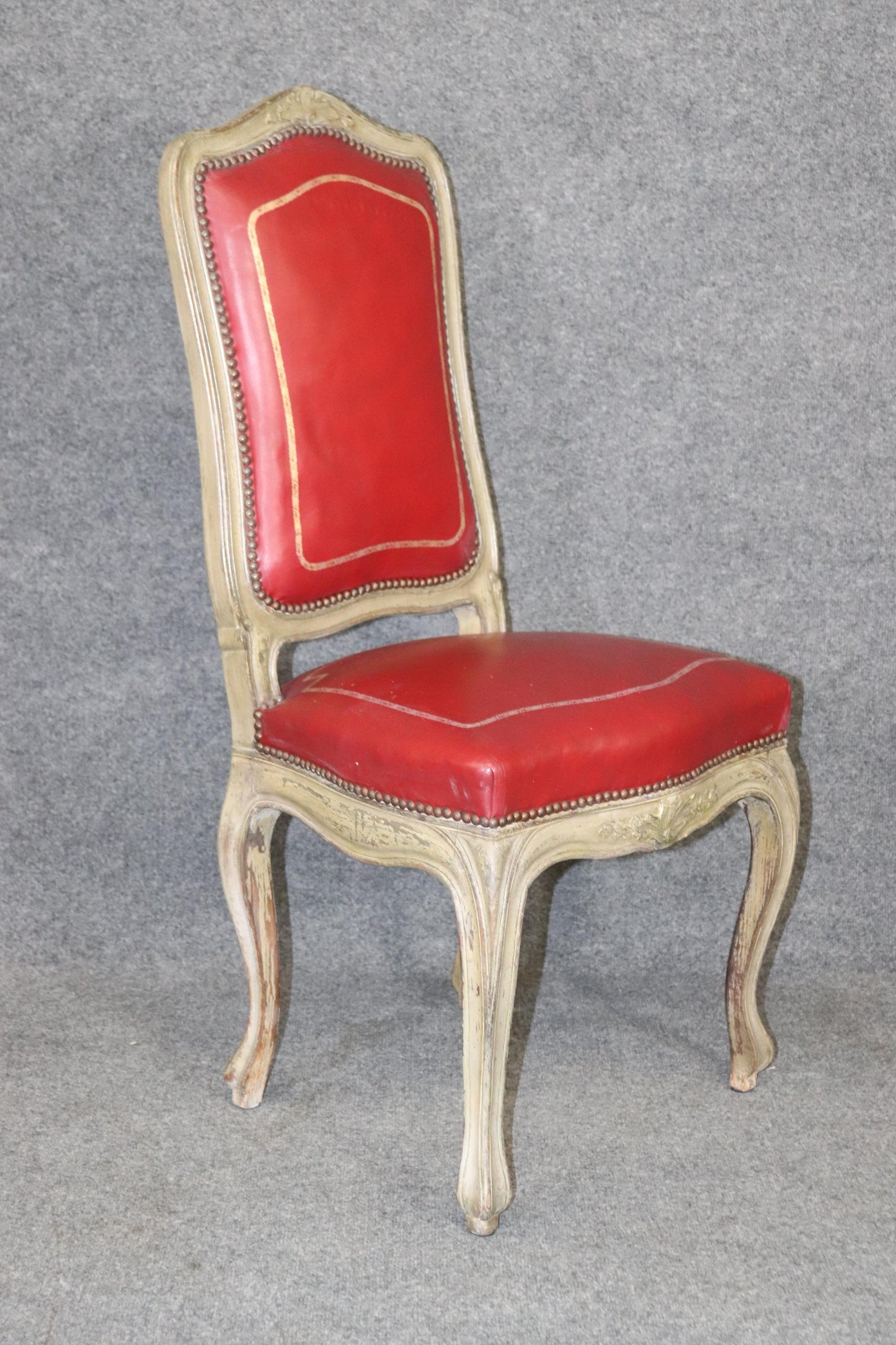 Fine Set 8 Red Leather Gold Embossed Tall French Louis XV Painted Dining Chairs