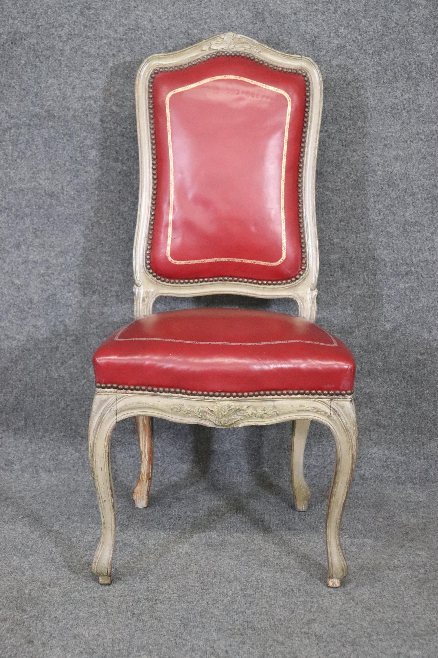 Fine Set 8 Red Leather Gold Embossed Tall French Louis XV Painted Dining Chairs