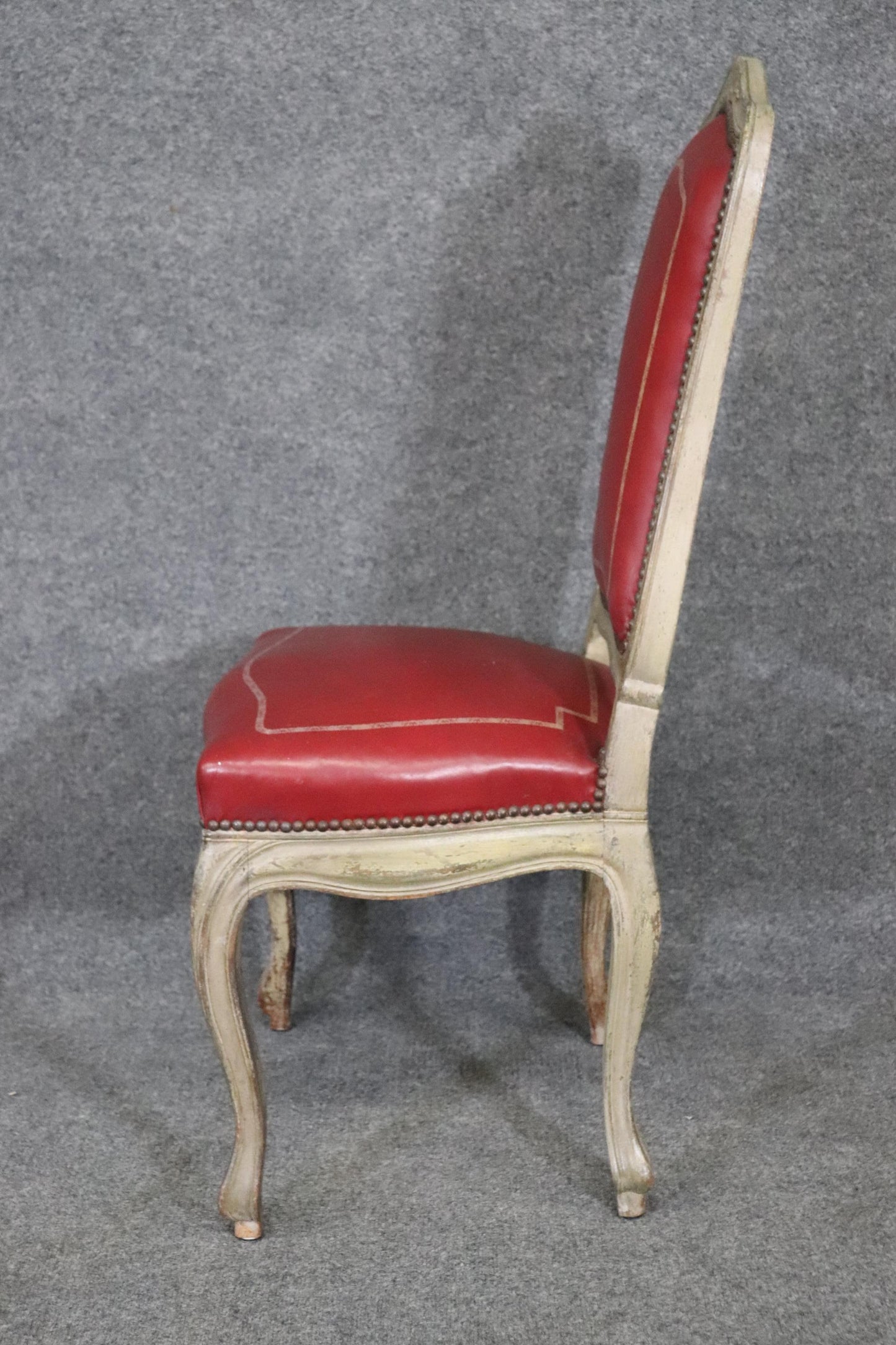 Fine Set 8 Red Leather Gold Embossed Tall French Louis XV Painted Dining Chairs