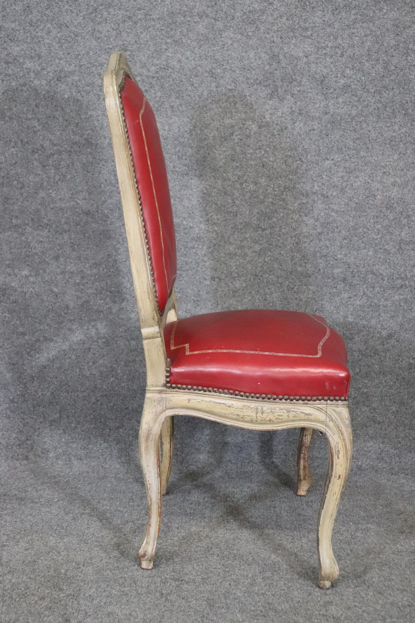 Fine Set 8 Red Leather Gold Embossed Tall French Louis XV Painted Dining Chairs