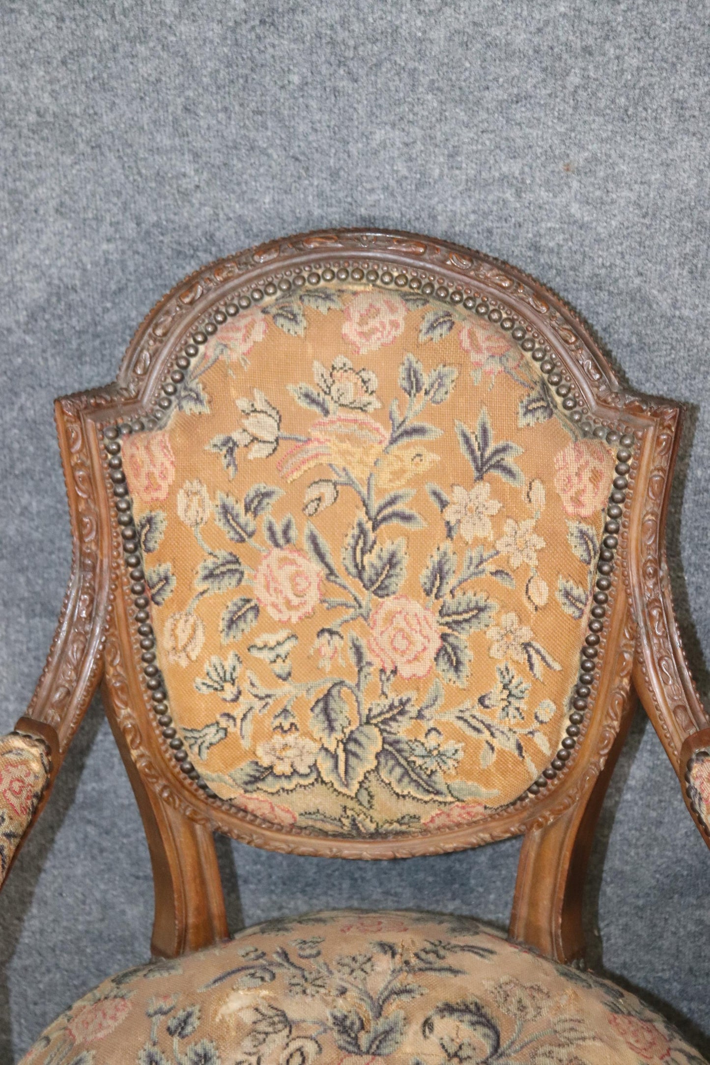 Pair Carved Walnut French Louis XVI Needlepoint Armchairs, Circa 1880