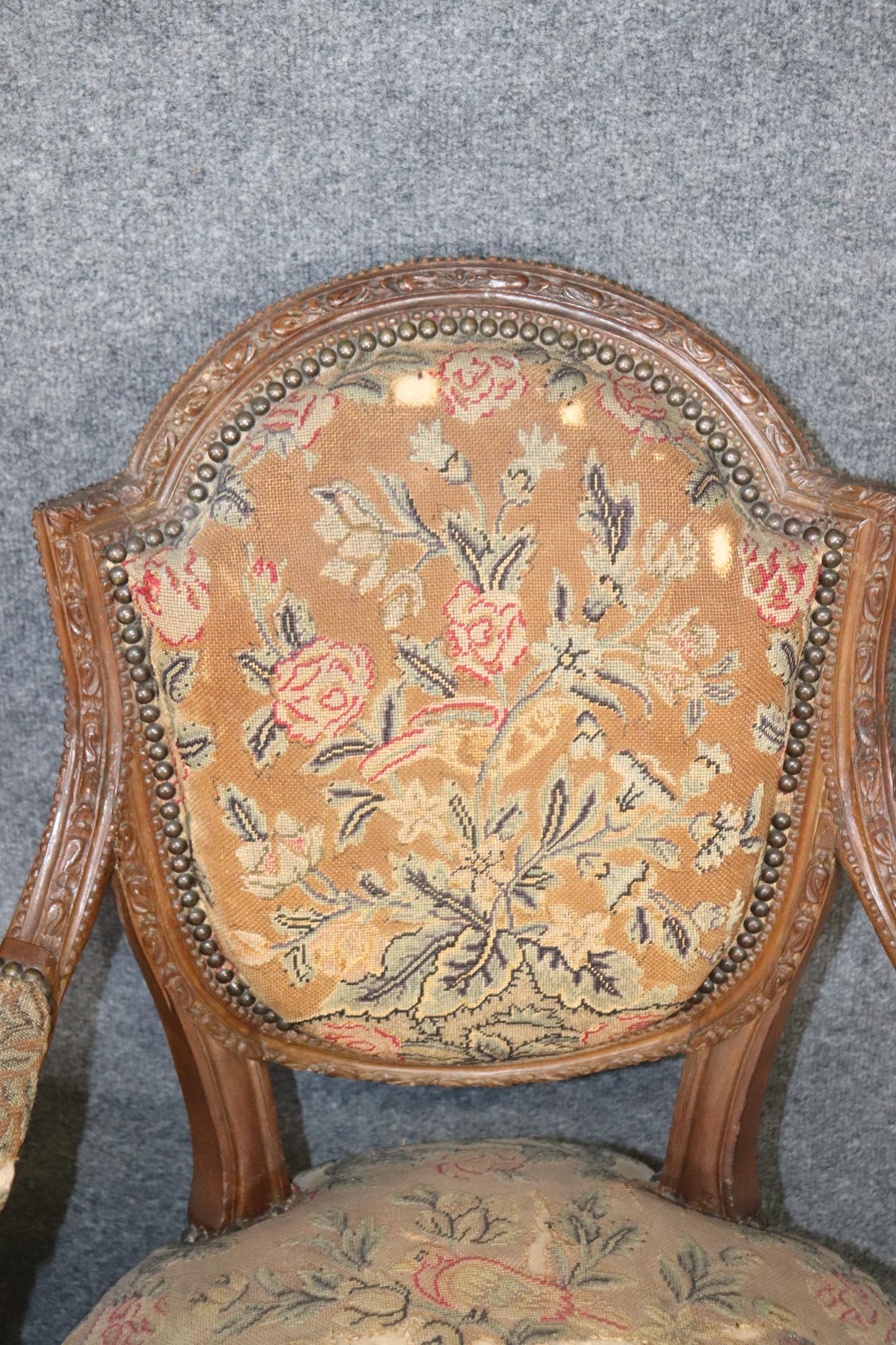 Pair Carved Walnut French Louis XVI Needlepoint Armchairs, Circa 1880