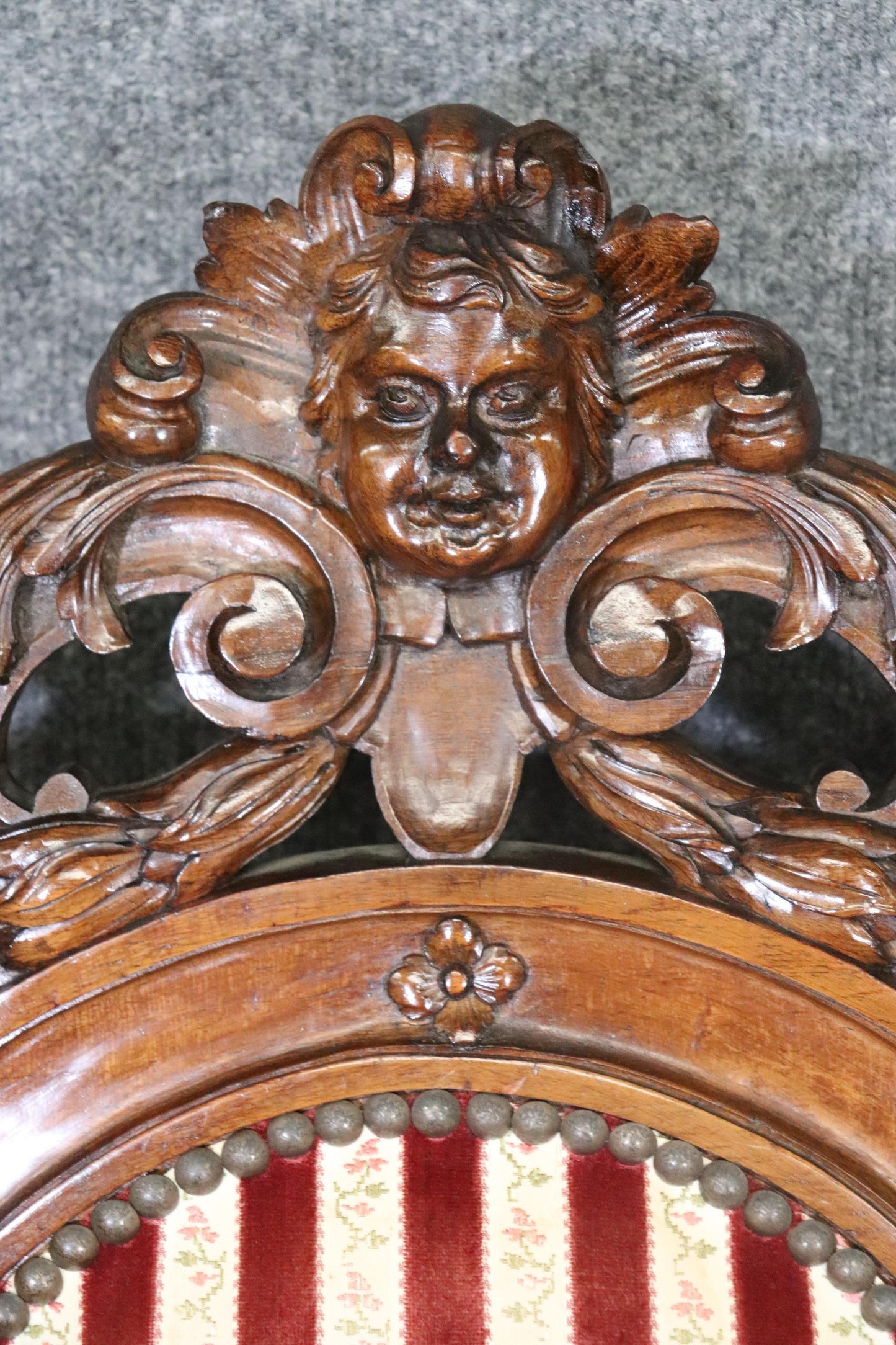 Large Heavily Carved Figural Victorian Walnut Throne Chair with Putti Cherubs